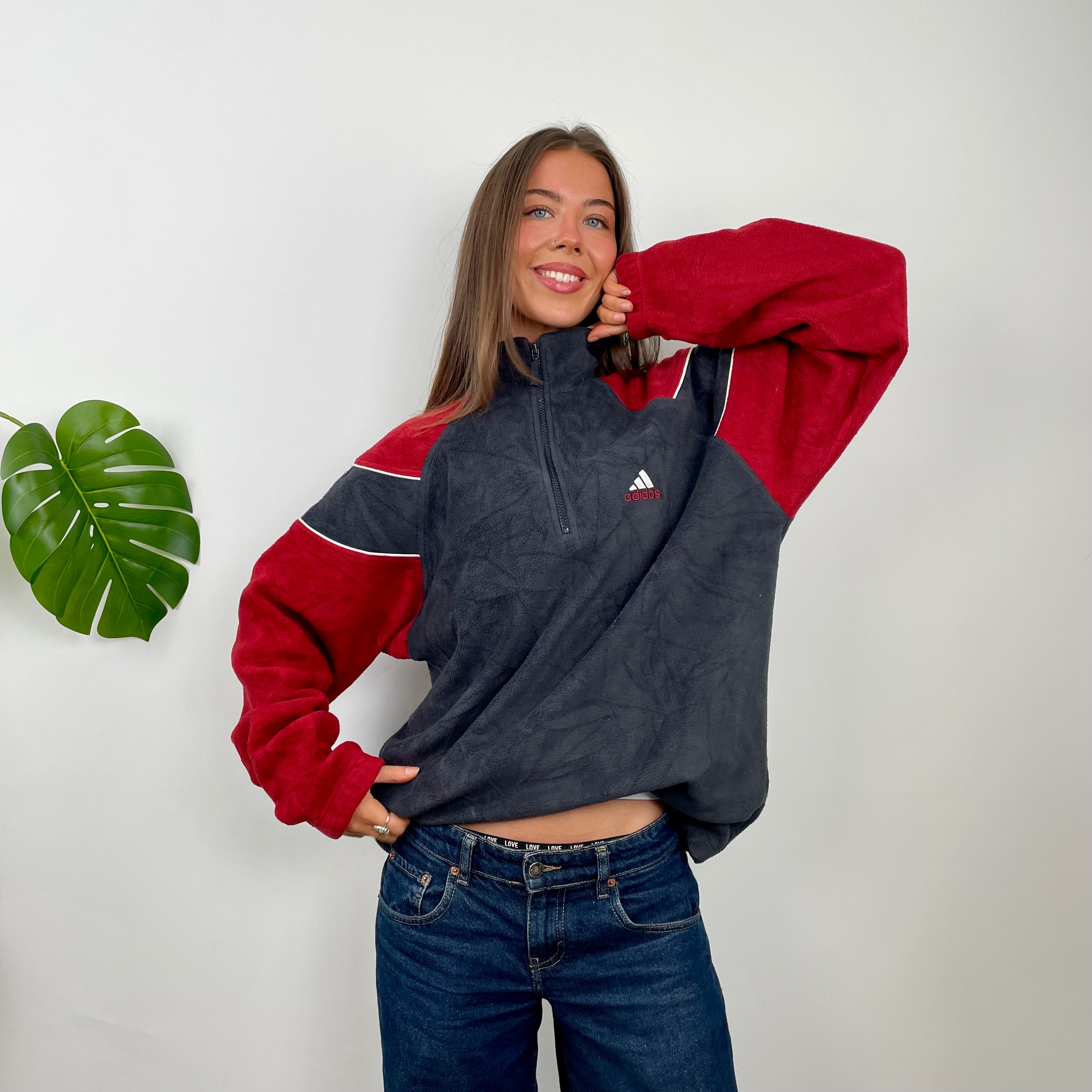 Adidas Black Colour Block Embroidered Spell Out Teddy Bear Fleece Quarter Zip Sweatshirt (XL)