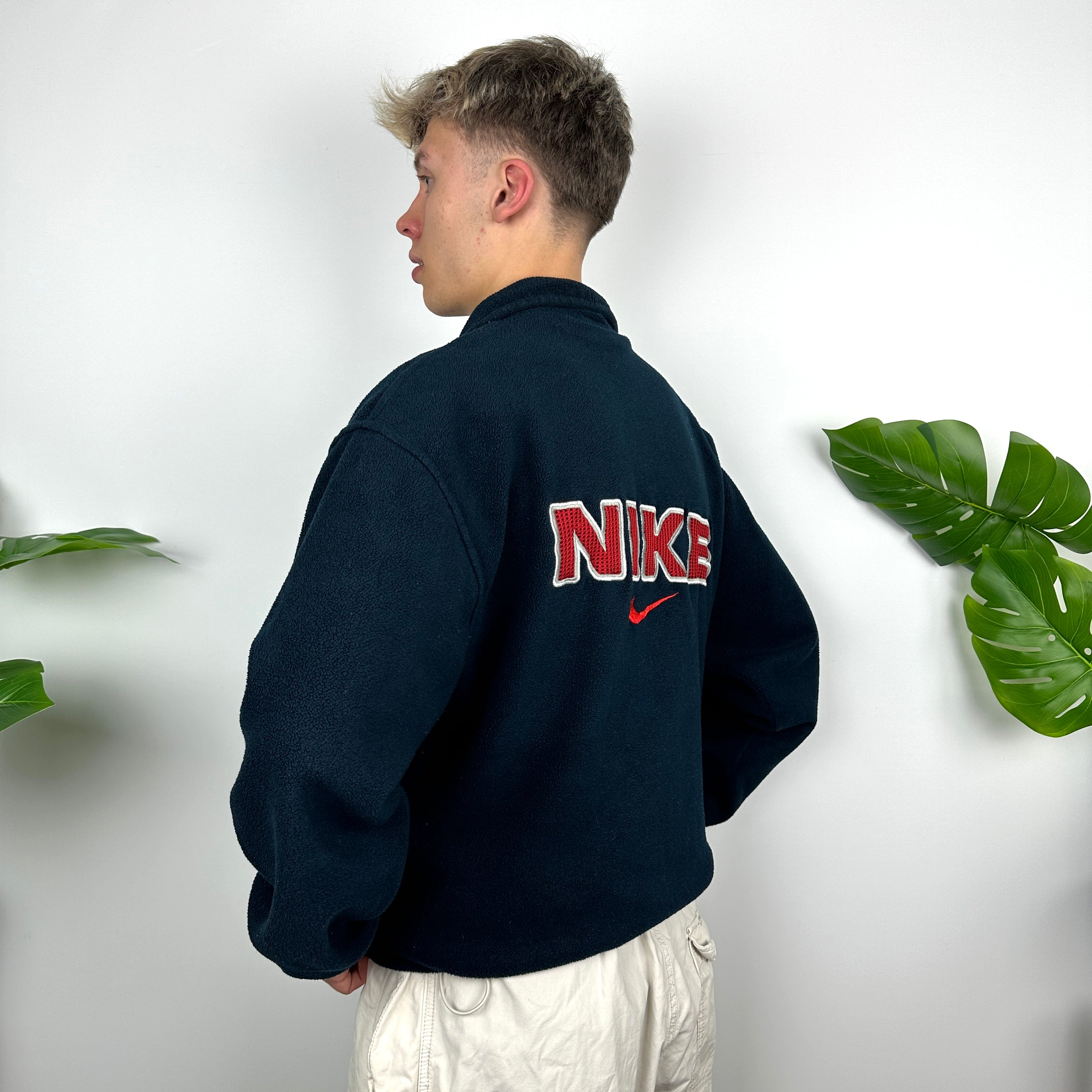 Nike Navy Embroidered Spell Out Teddy Bear Fleece Quarter Zip Sweatshirt (L)