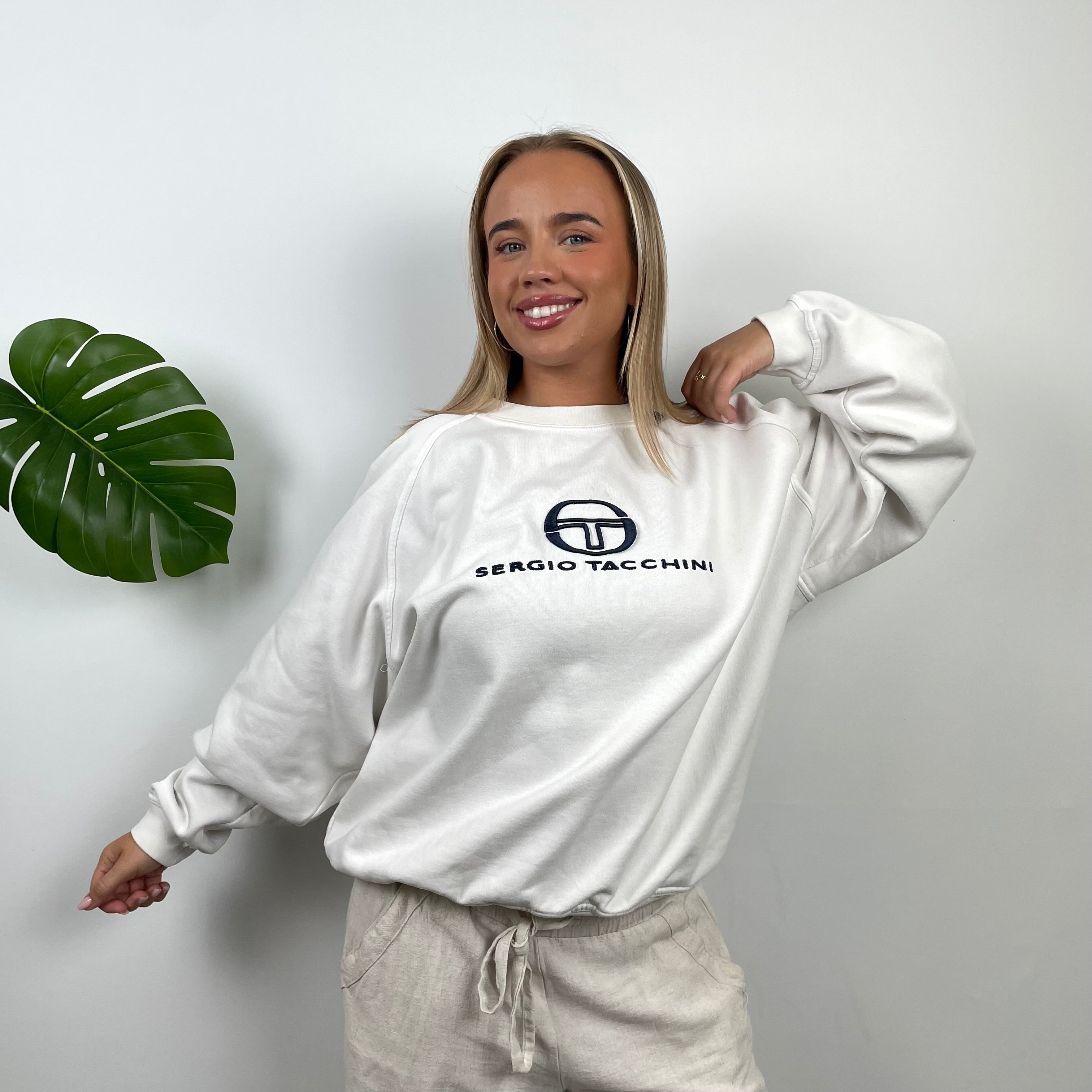 Sergio Tacchini White  Embroidered Spell Out Sweatshirt (L)
