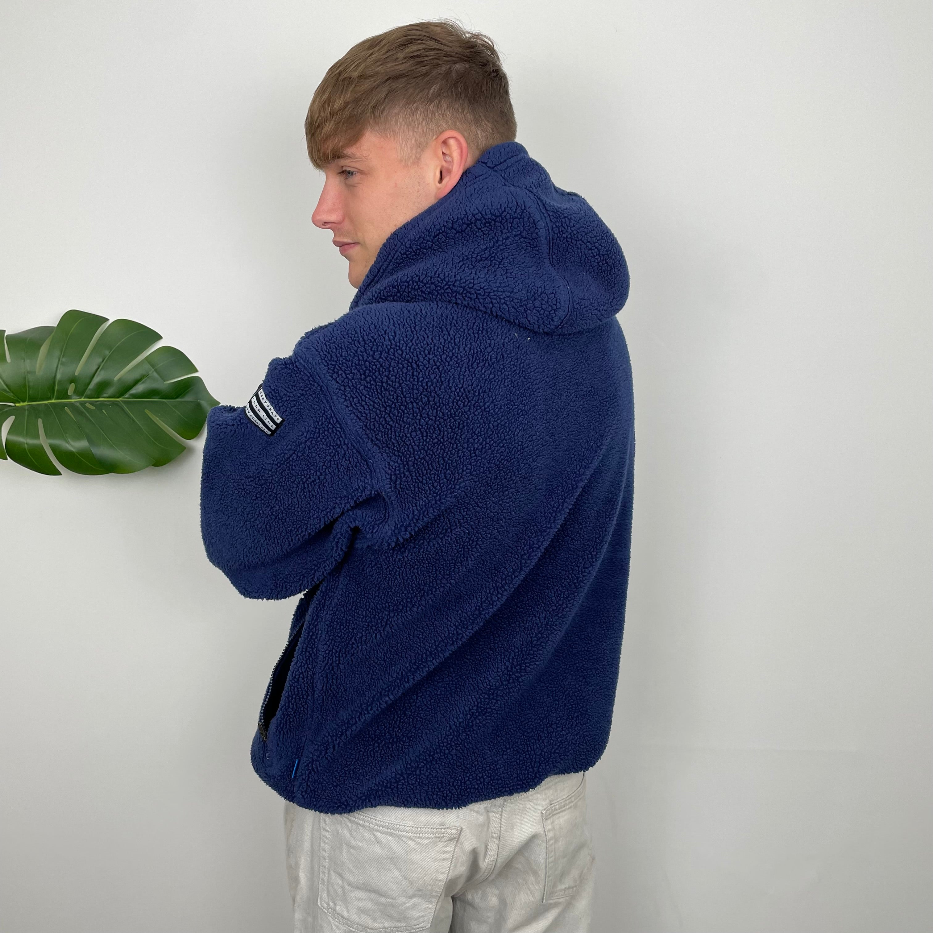 Adidas RARE Navy Embroidered Spell Out Teddy Bear Sherpa Fleece Hoodie (L)