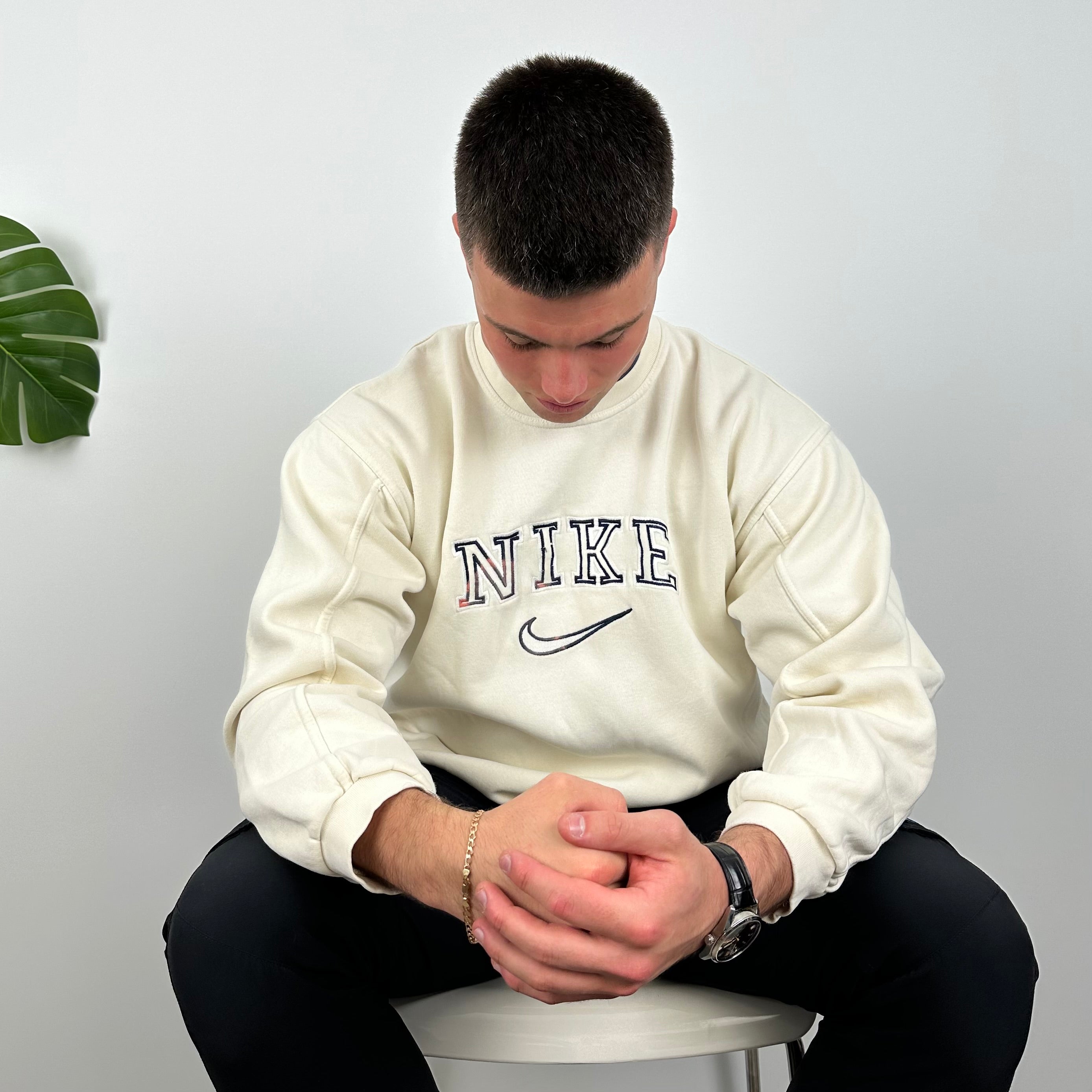 Nike Cream Embroidered Spell Out Sweatshirt (M)