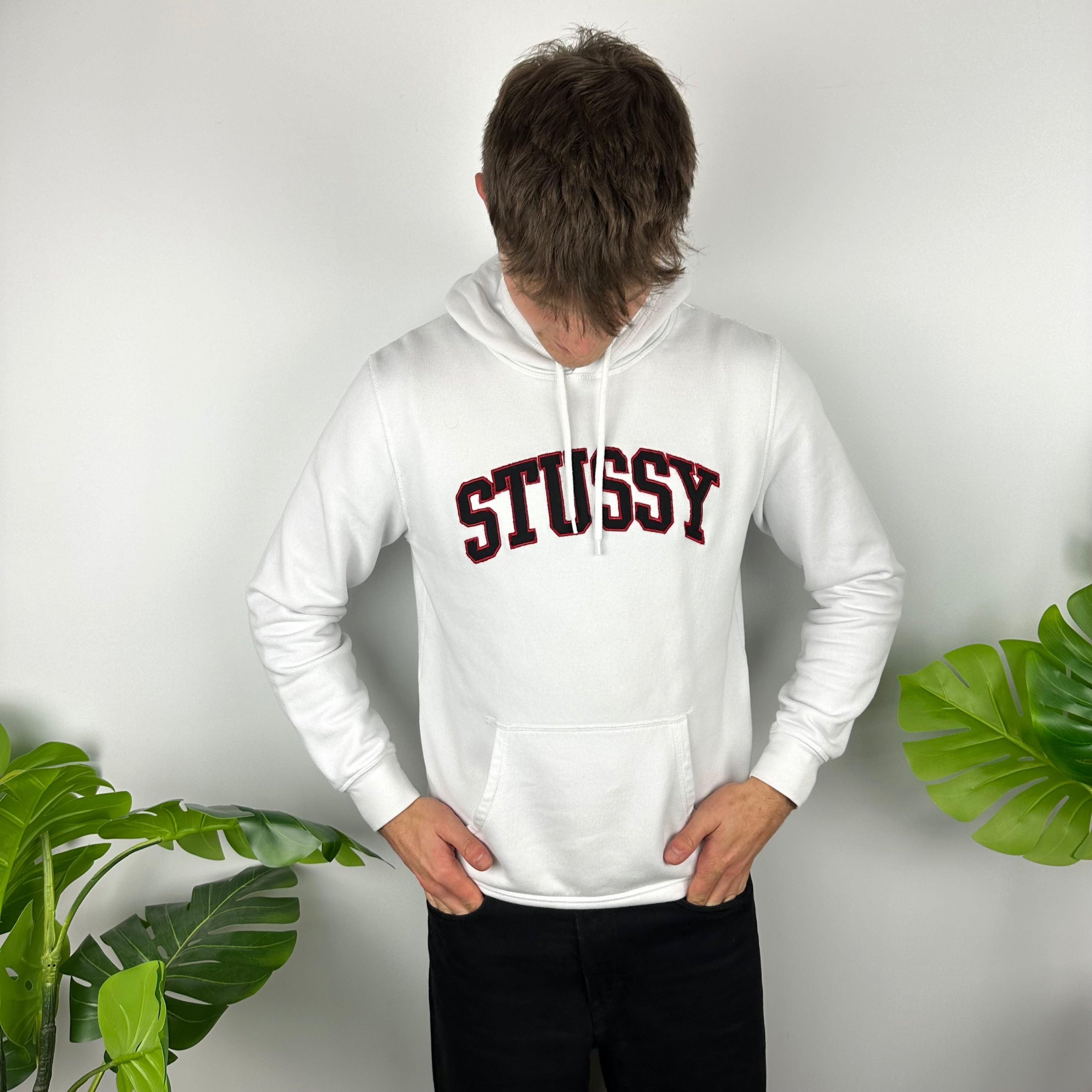 Stussy White Embroidered Spell Out Hoodie (M)