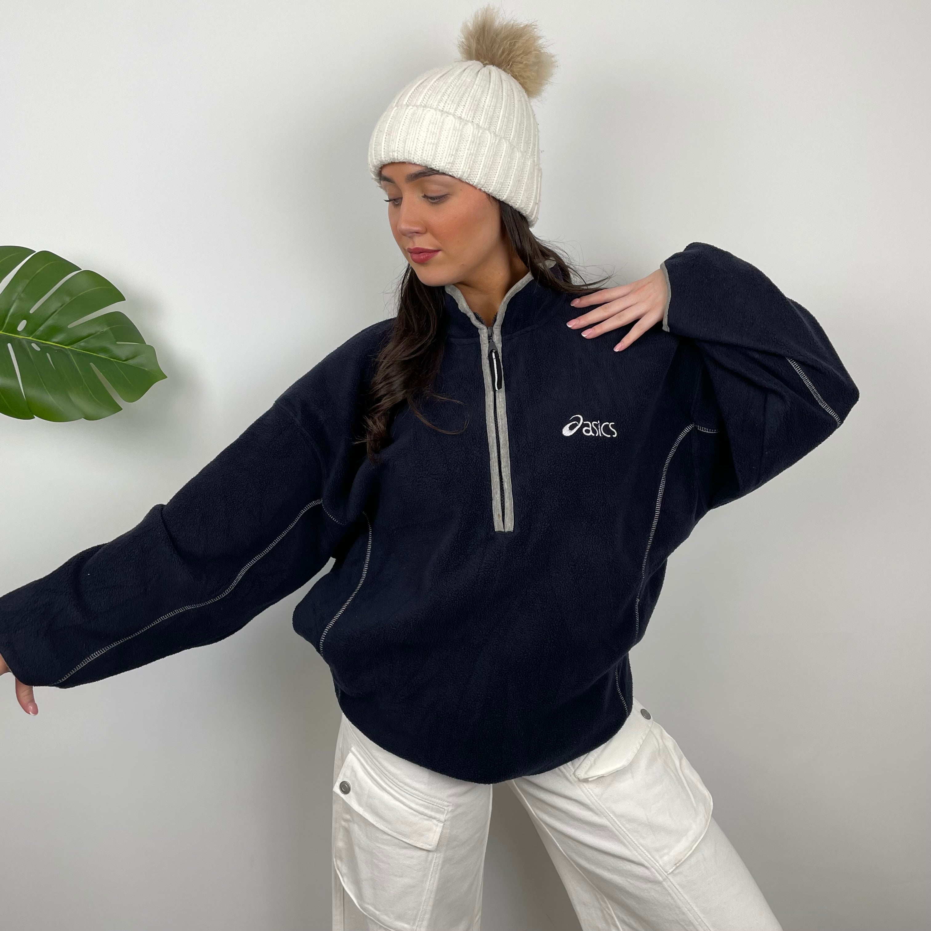 ASICS Navy Embroidered Spell Out Teddy Bear Fleece Quarter Zip Sweatshirt (XL)