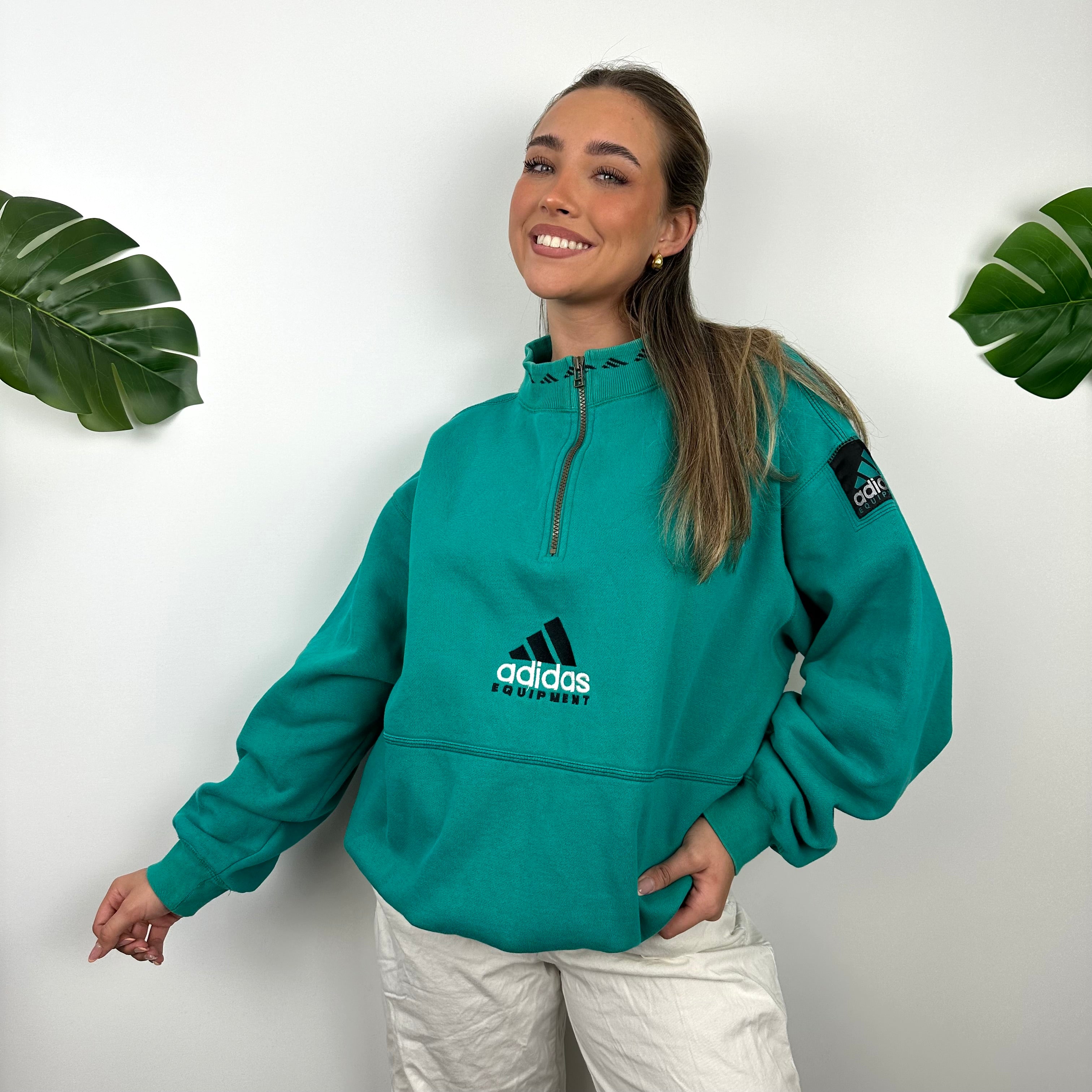 Adidas Equipment Turquoise Green Embroidered Spell Out Quarter Zip Sweatshirt (L)