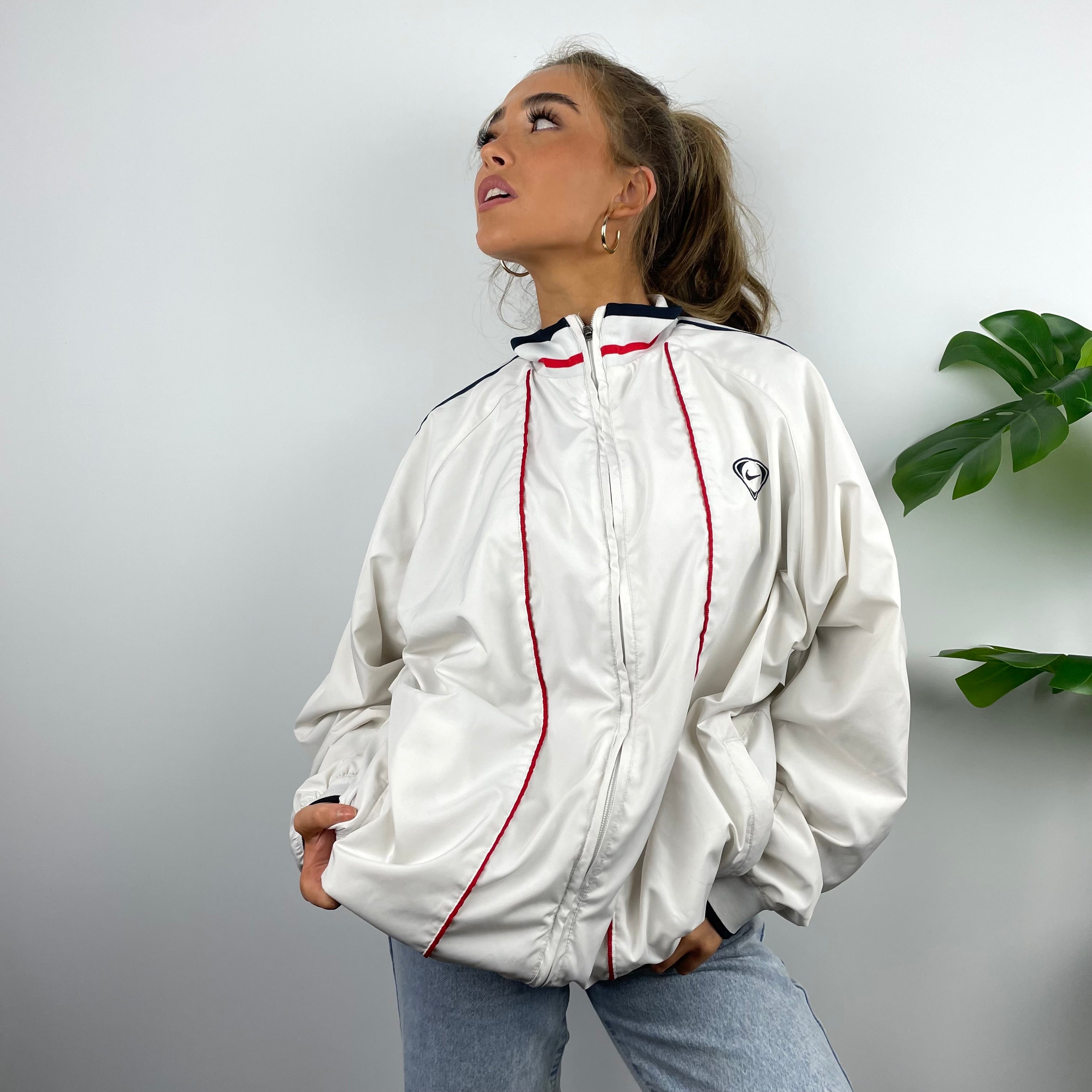 Nike RARE White Embroidered Swoosh Windbreaker Jacket (XL)