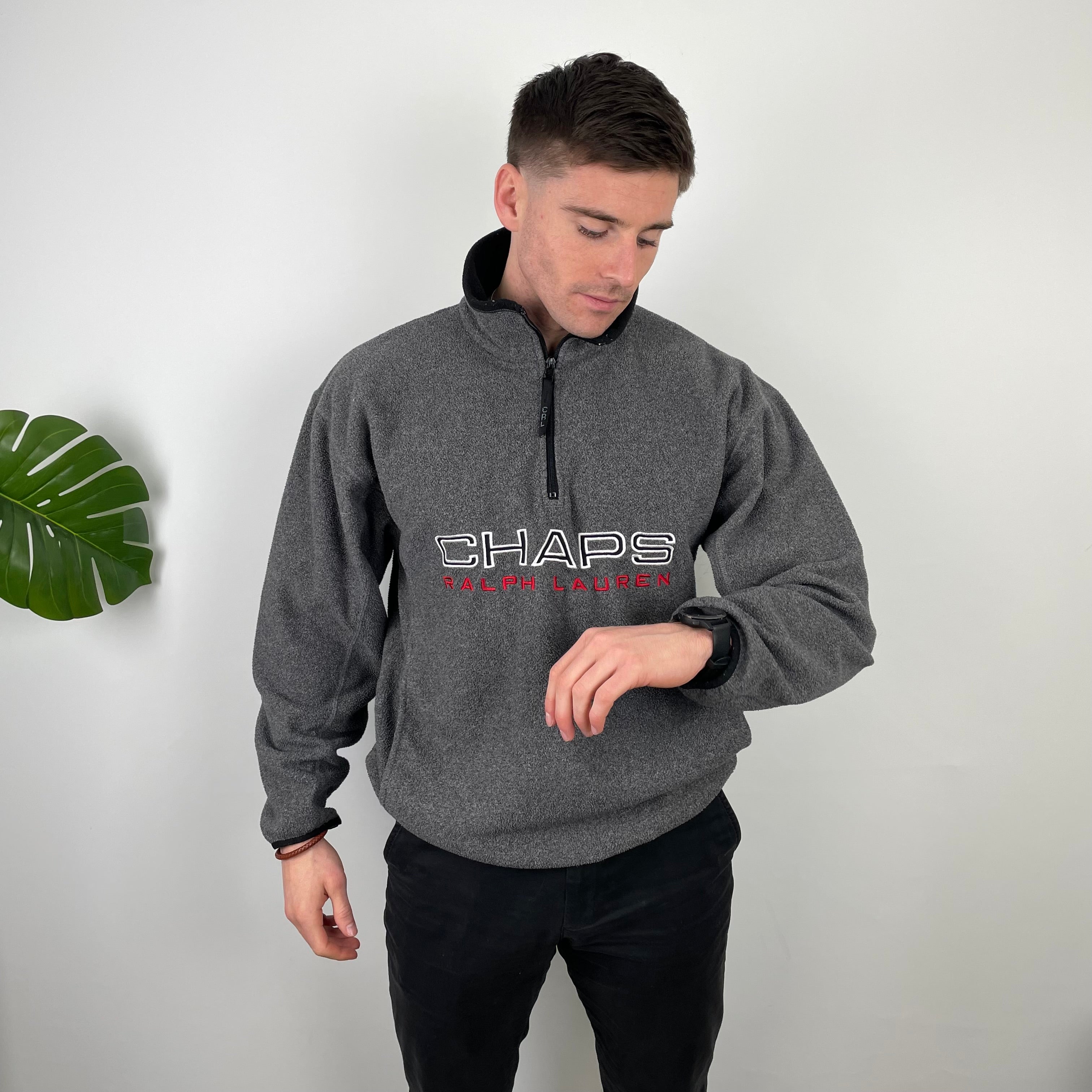 Chaps Ralph Lauren Grey Embroidered Spell Out Teddy Bear Fleece Quarter Zip Sweatshirt (L)