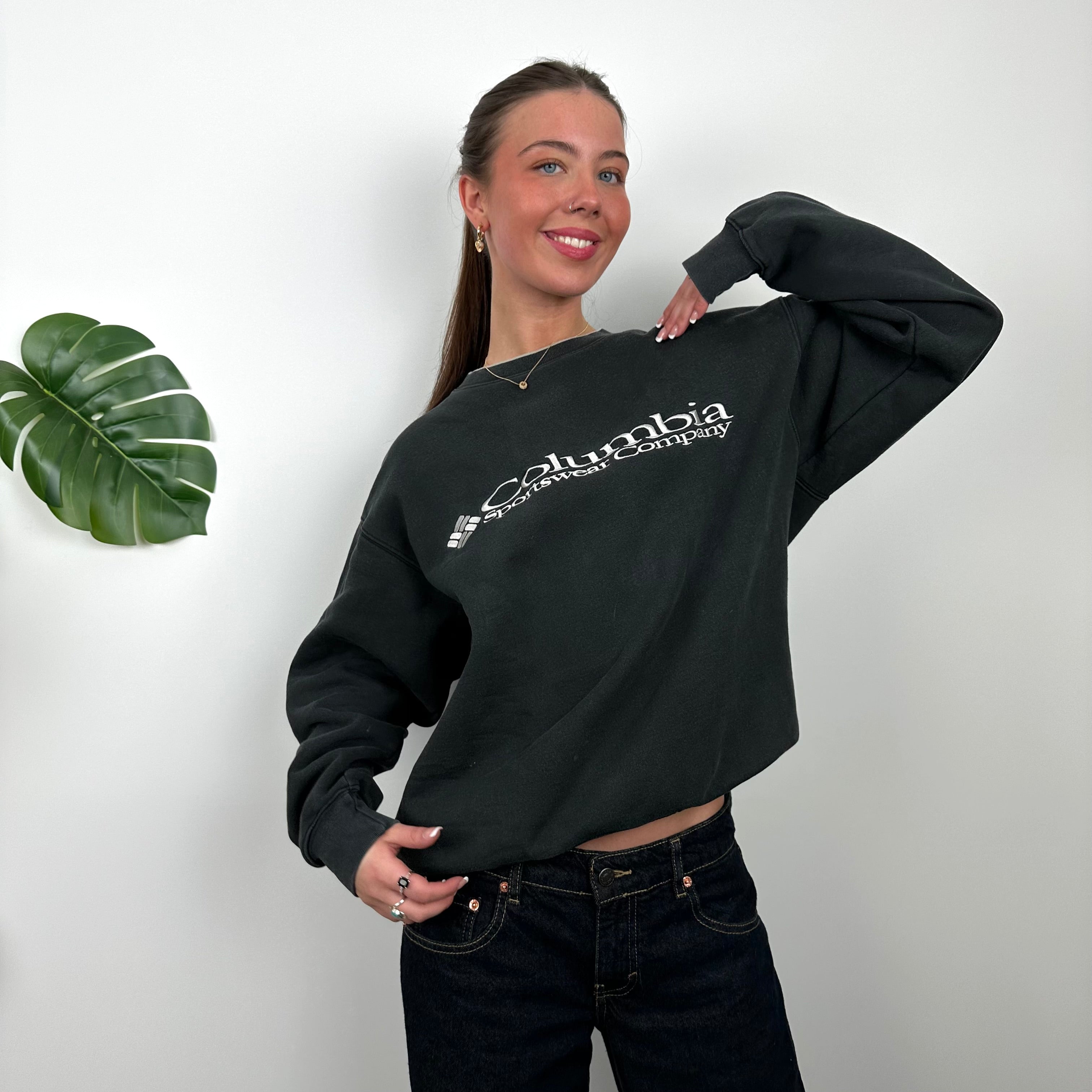 Columbia RARE Black Embroidered Spell Out Sweatshirt (M)