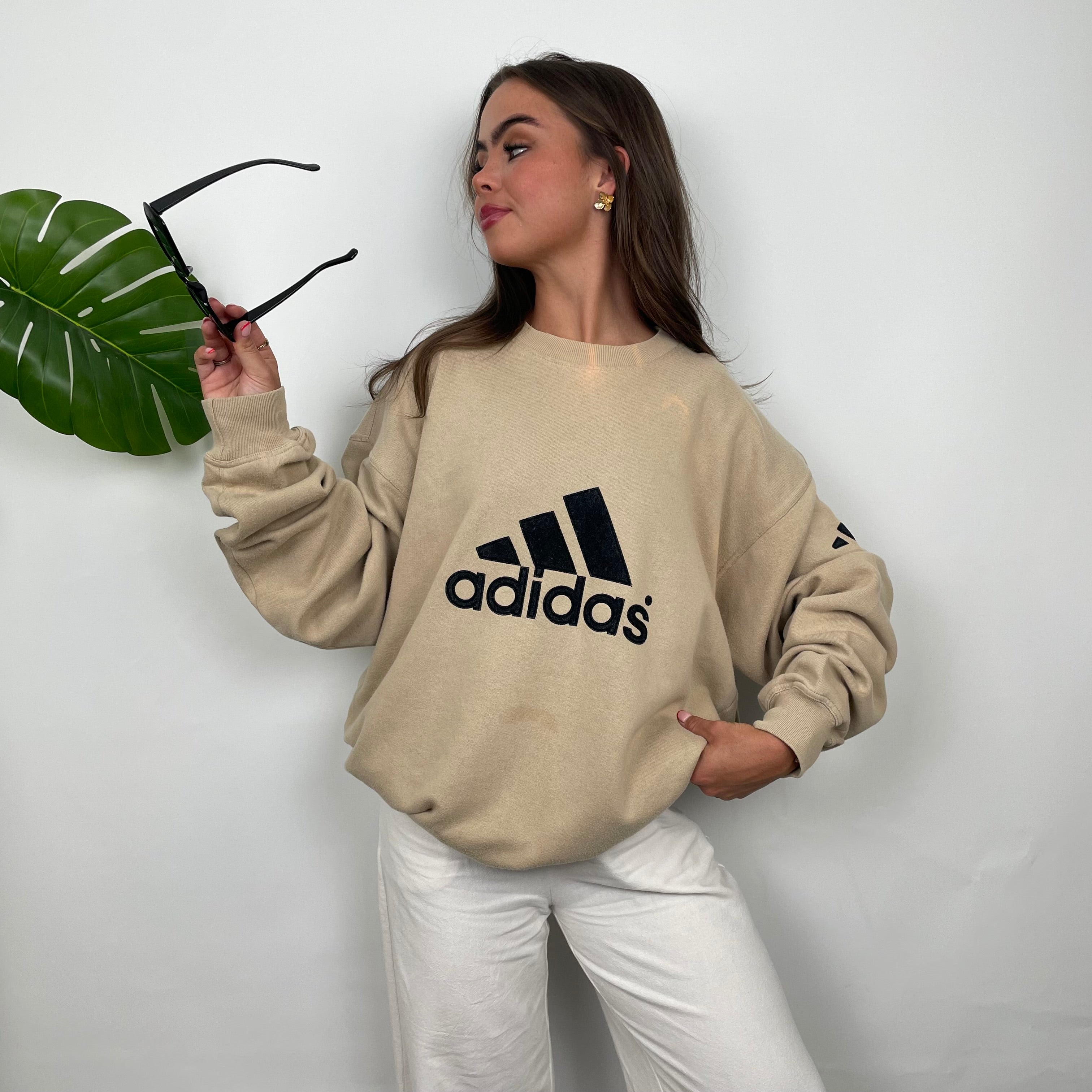 Adidas Beige Embroidered Spell Out Sweatshirt (XL)