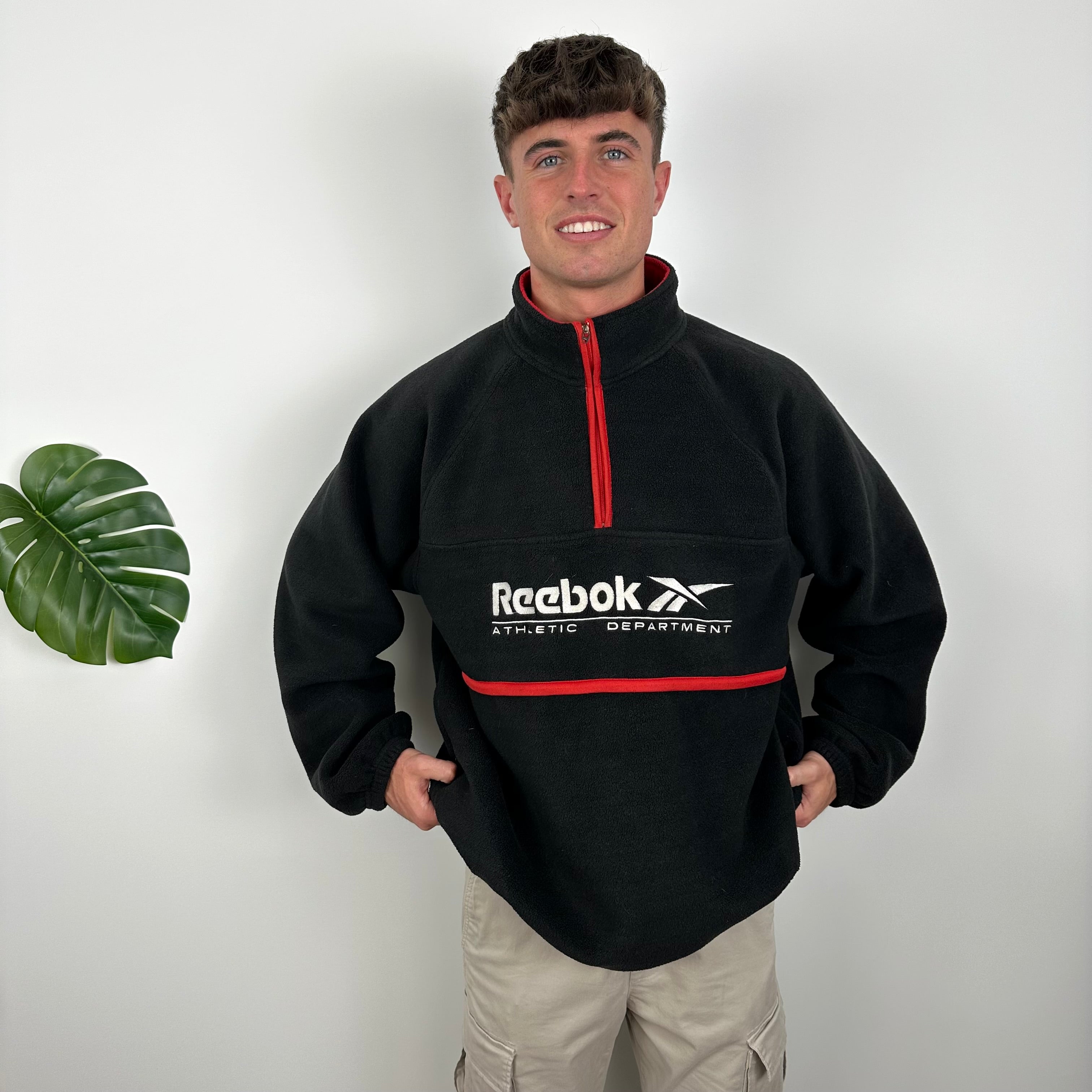 Reebok RARE Black Embroidered Spell Out Teddy Bear Fleece Quarter Zip Sweatshirt (L)