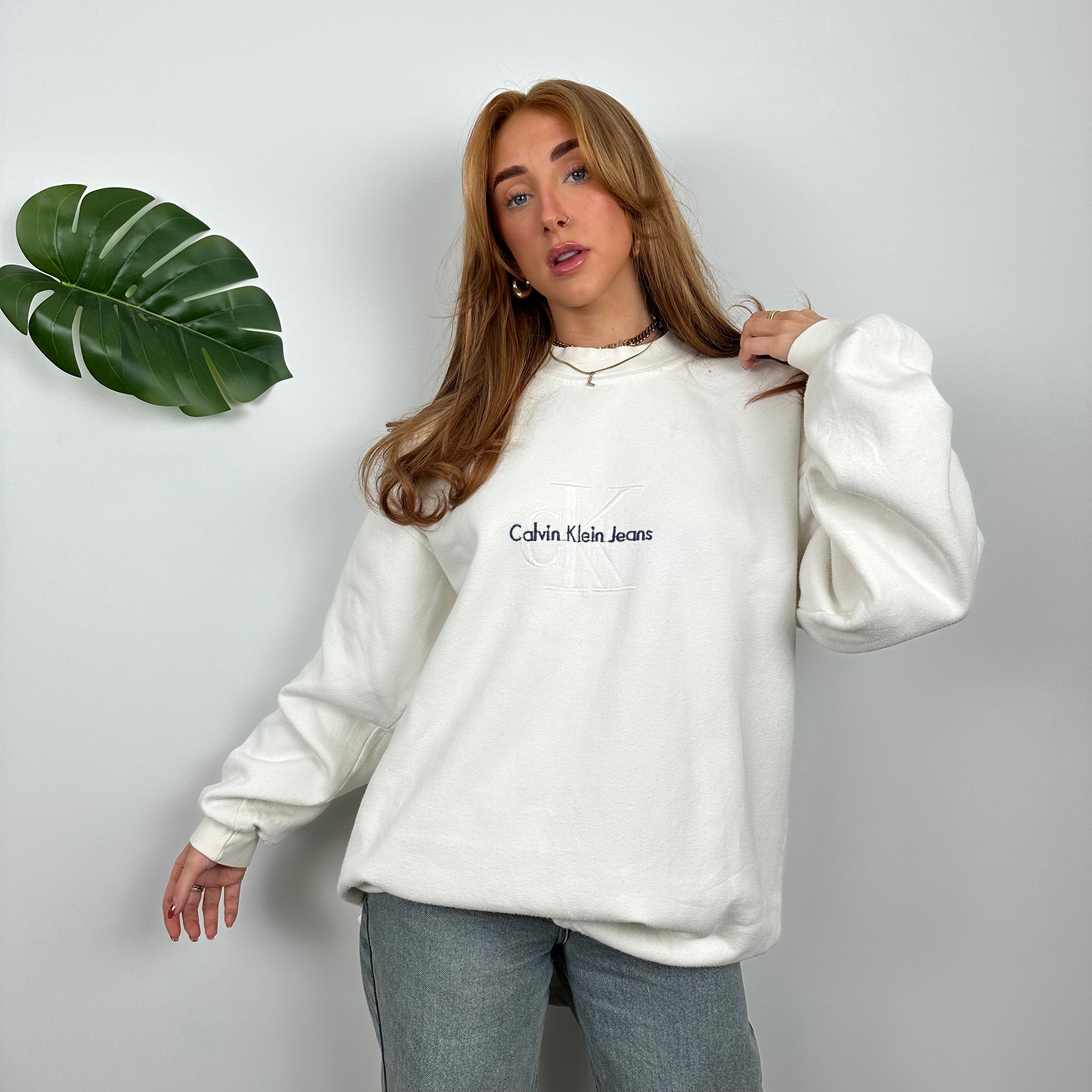 Calvin Klein RARE White Embroidered Spell Out Sweatshirt (XL)