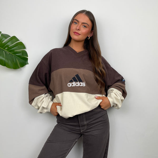 Adidas RARE Cream & Brown Colour Block Embroidered Spell Out Sweatshirt (XL)