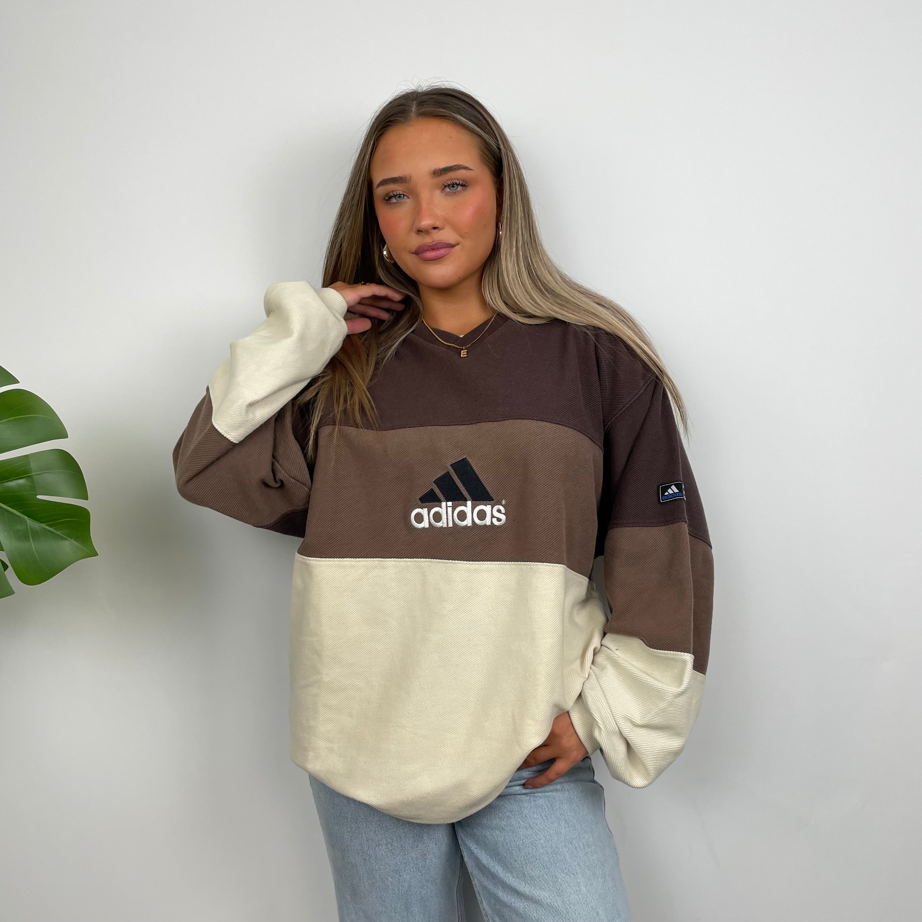 Adidas RARE Cream & Brown Colour Block Embroidered Spell Out Sweatshirt (XL)