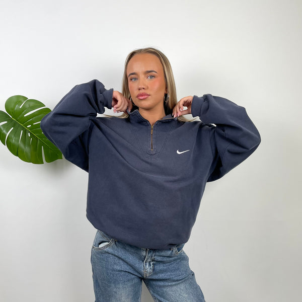 Nike Navy Embroidered Spell Out Quarter Zip Sweatshirt (XL)
