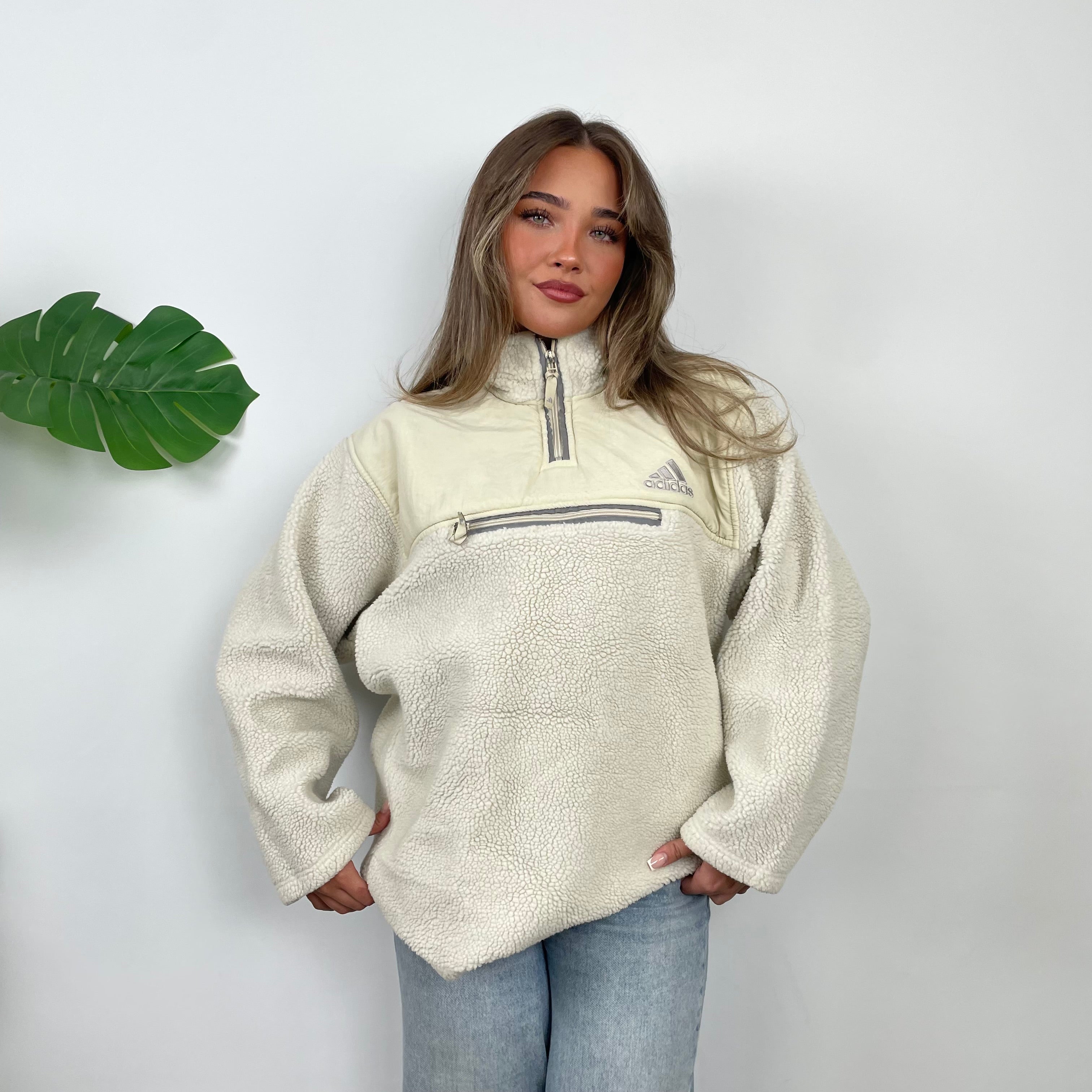 Adidas Cream Embroidered Spell Out Teddy Bear Sherpa Fleece Quarter Zip Sweatshirt (L)