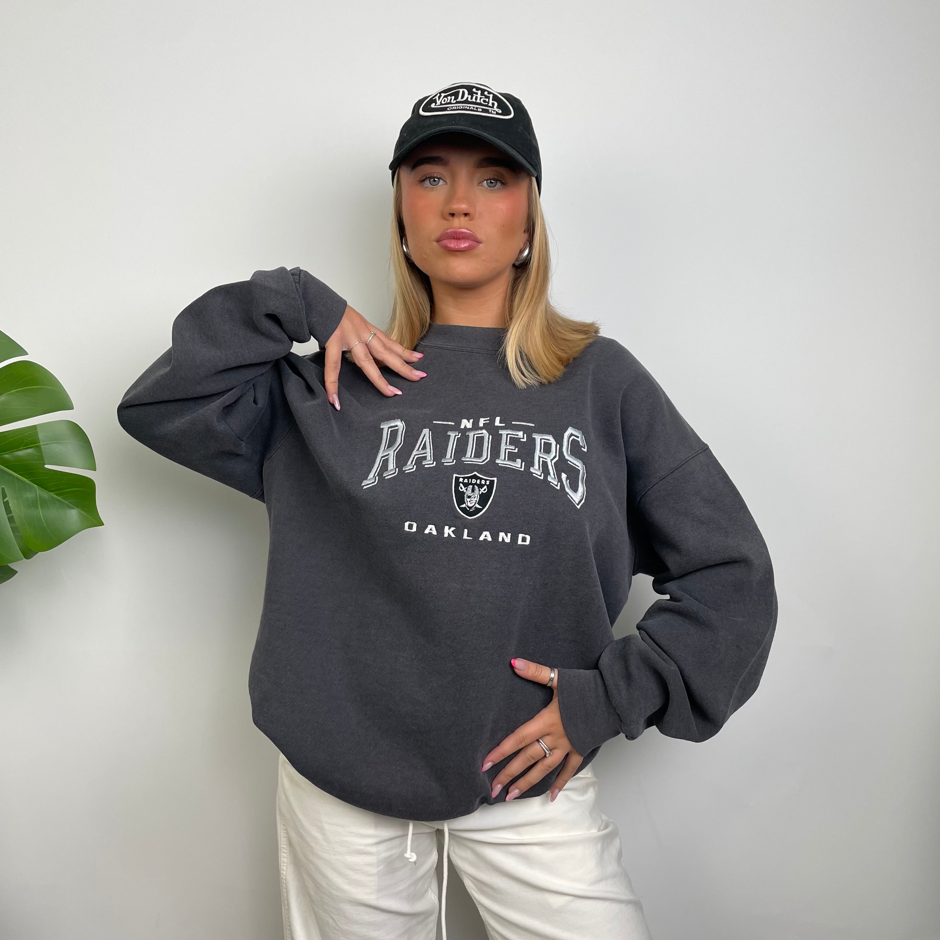 NFL Las Vegas Raiders Grey Embroidered Spell Out Sweatshirt (L)