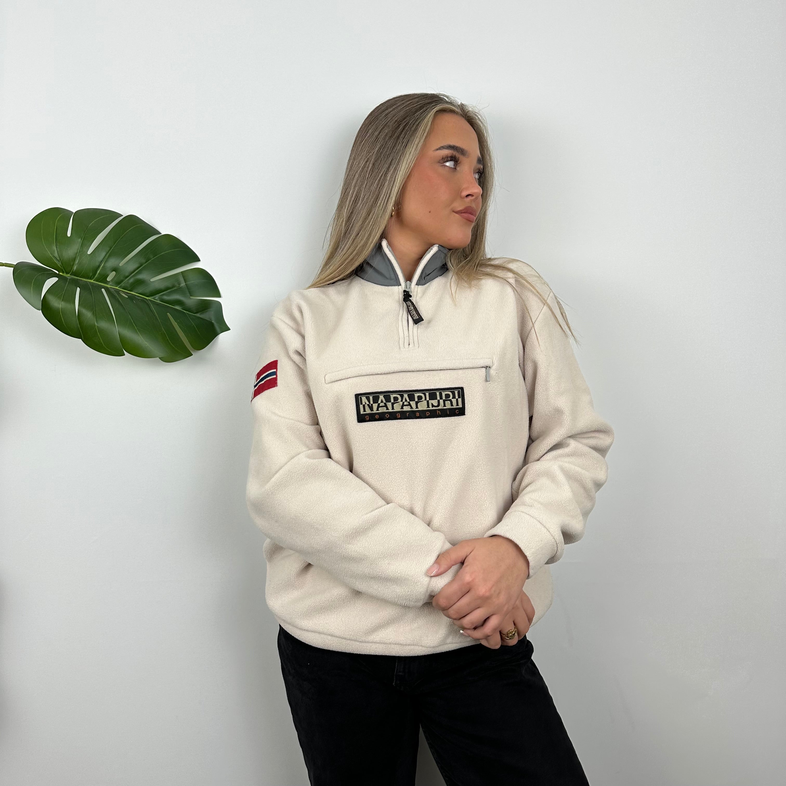 Napapijri Cream Embroidered Spell Out Teddy Bear Fleece Quarter Zip (M)