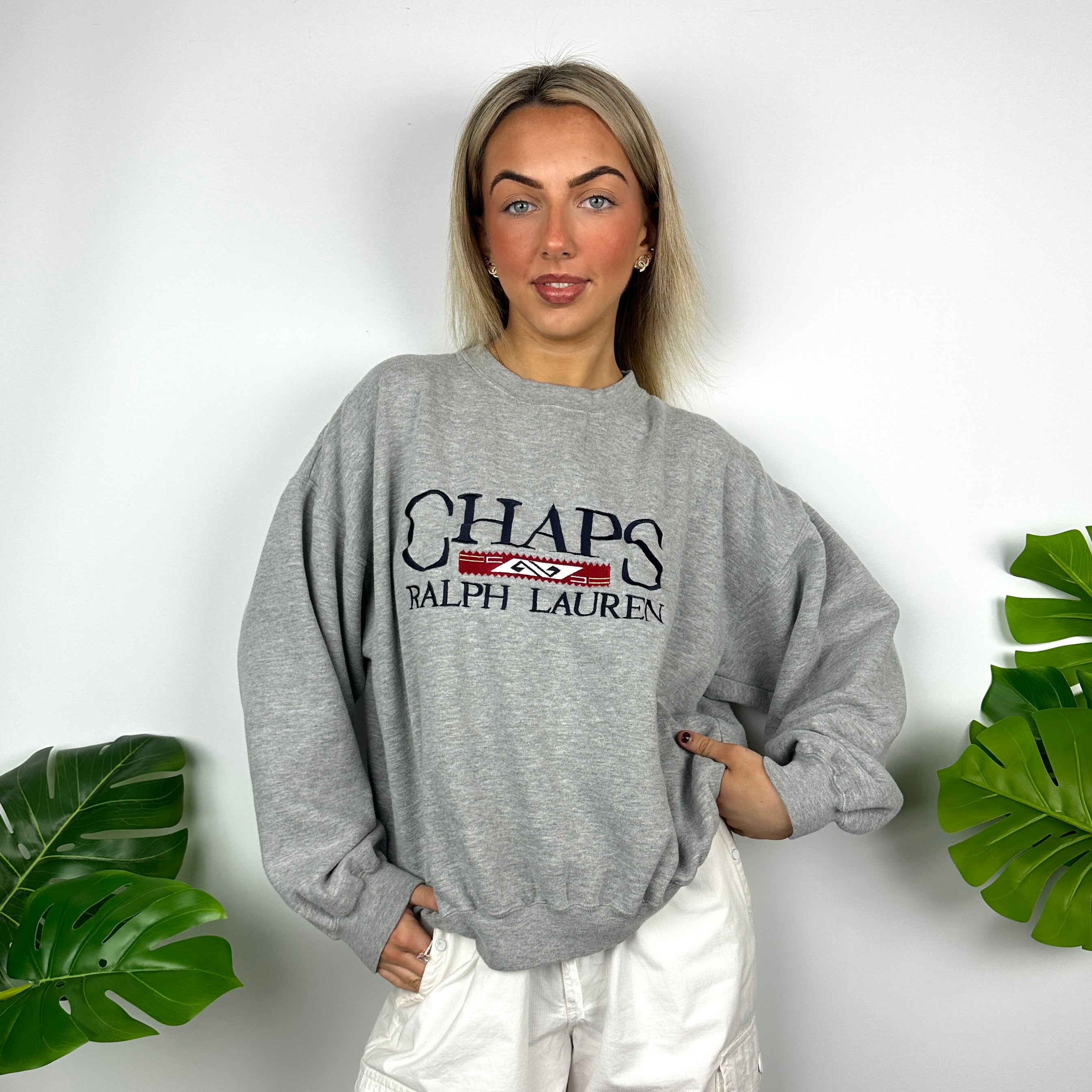 Chaps Ralph Lauren Grey Embroidered Spell Out Sweatshirt (M)