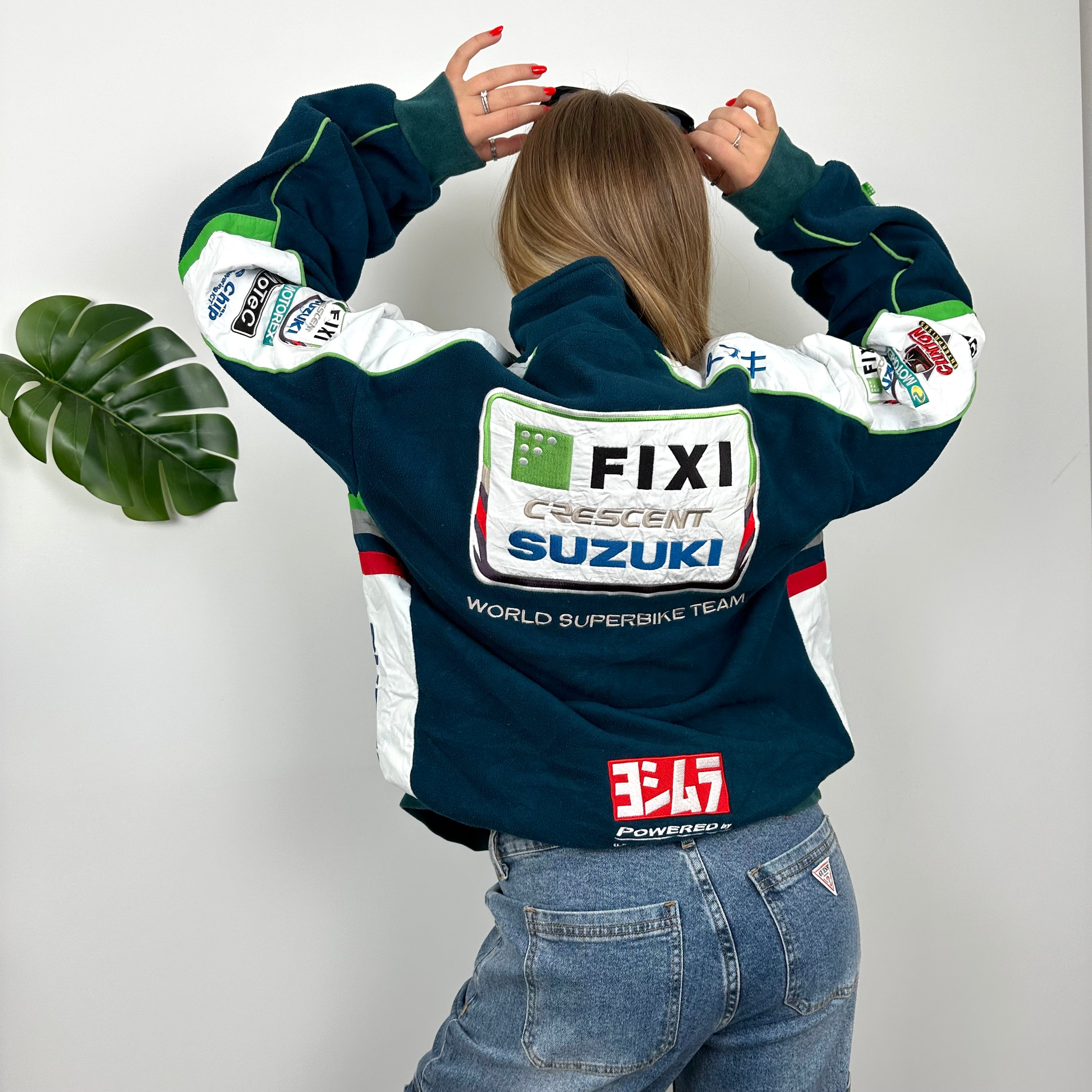 Suzuki Racing RARE Turquoise Embroidered Spell Out Zip Up Hoodie Jacket (L)