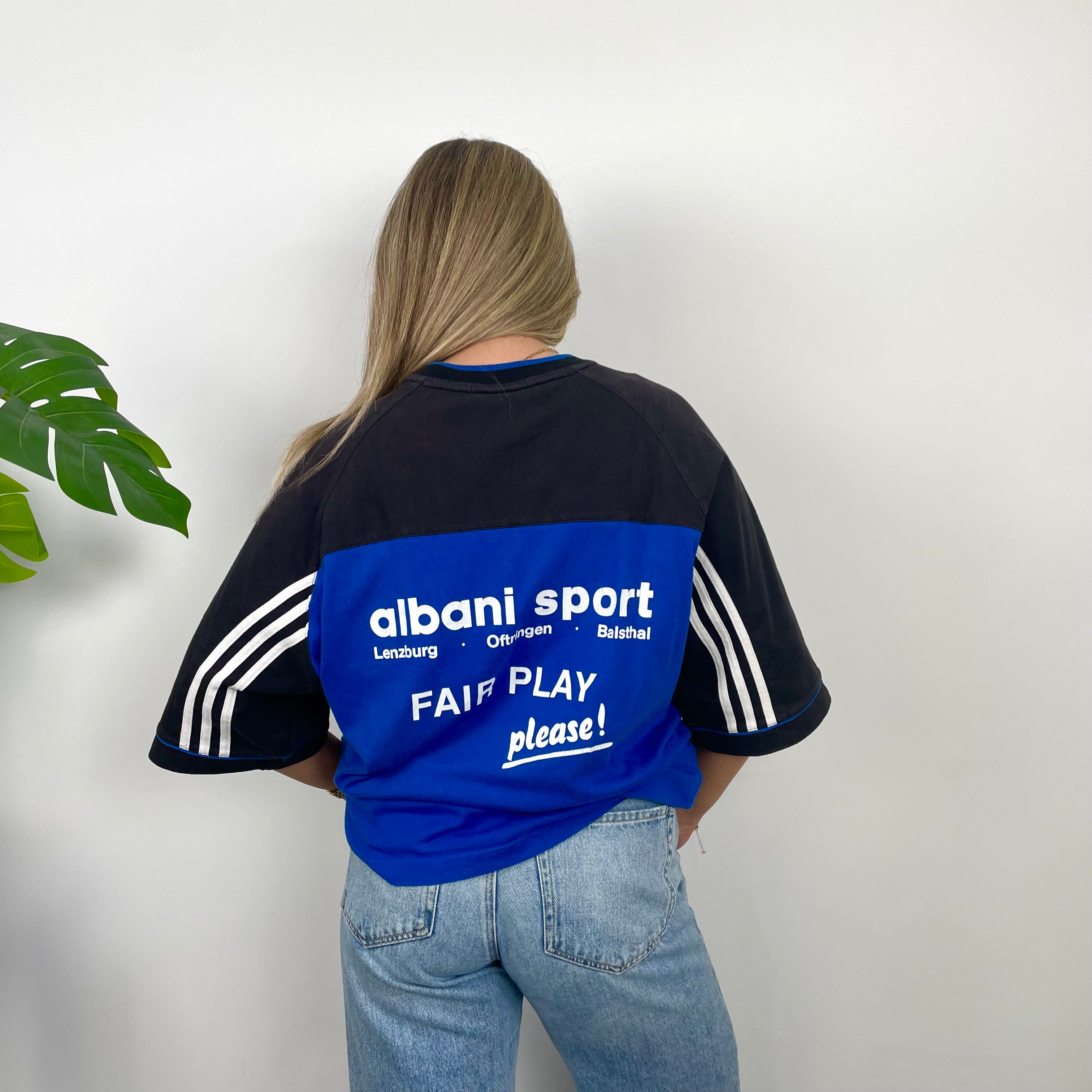 Adidas RARE Black & Blue Embroidered Spell Out T Shirt (XL)