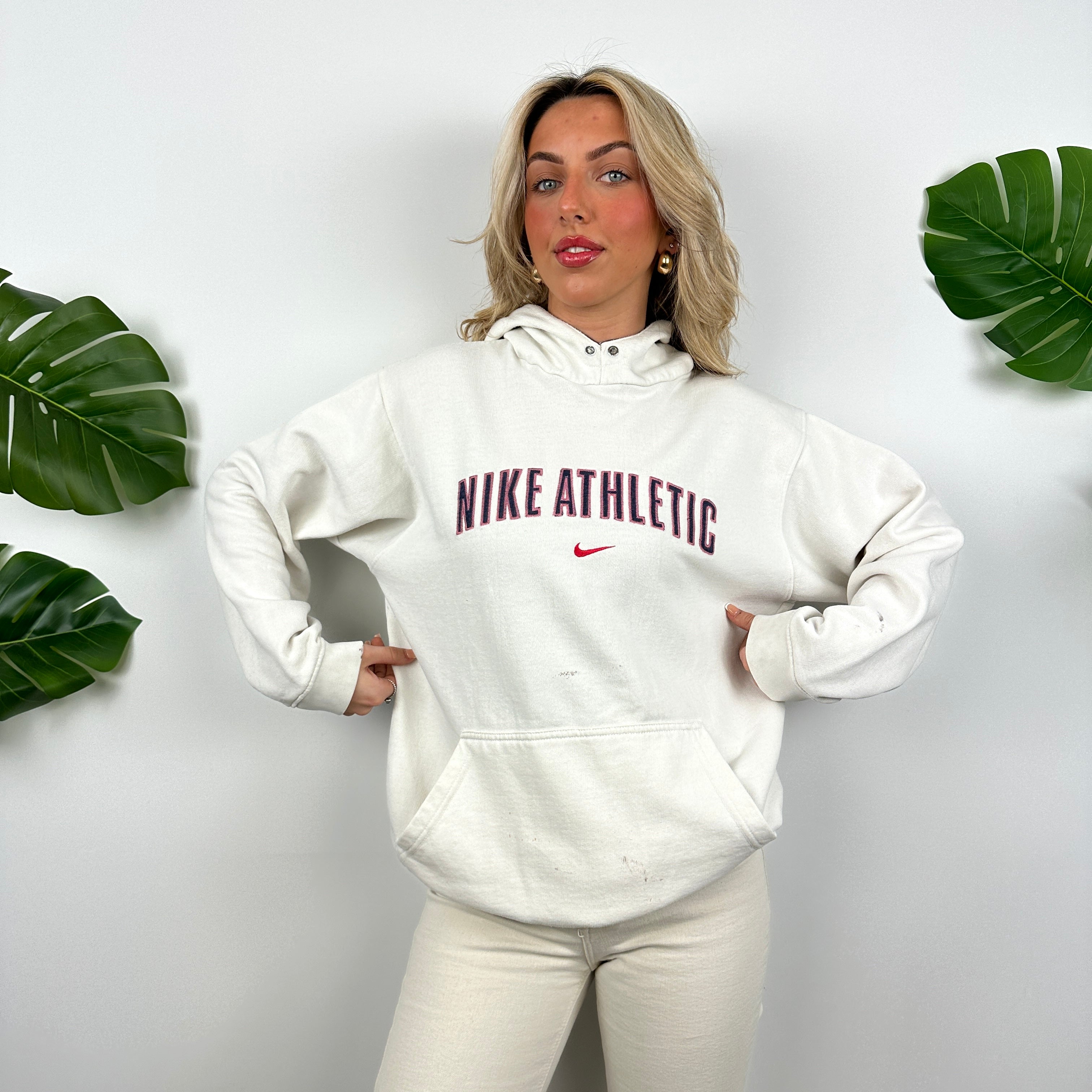 Nike Athletic White Embroidered Spell Out Hoodie (M)