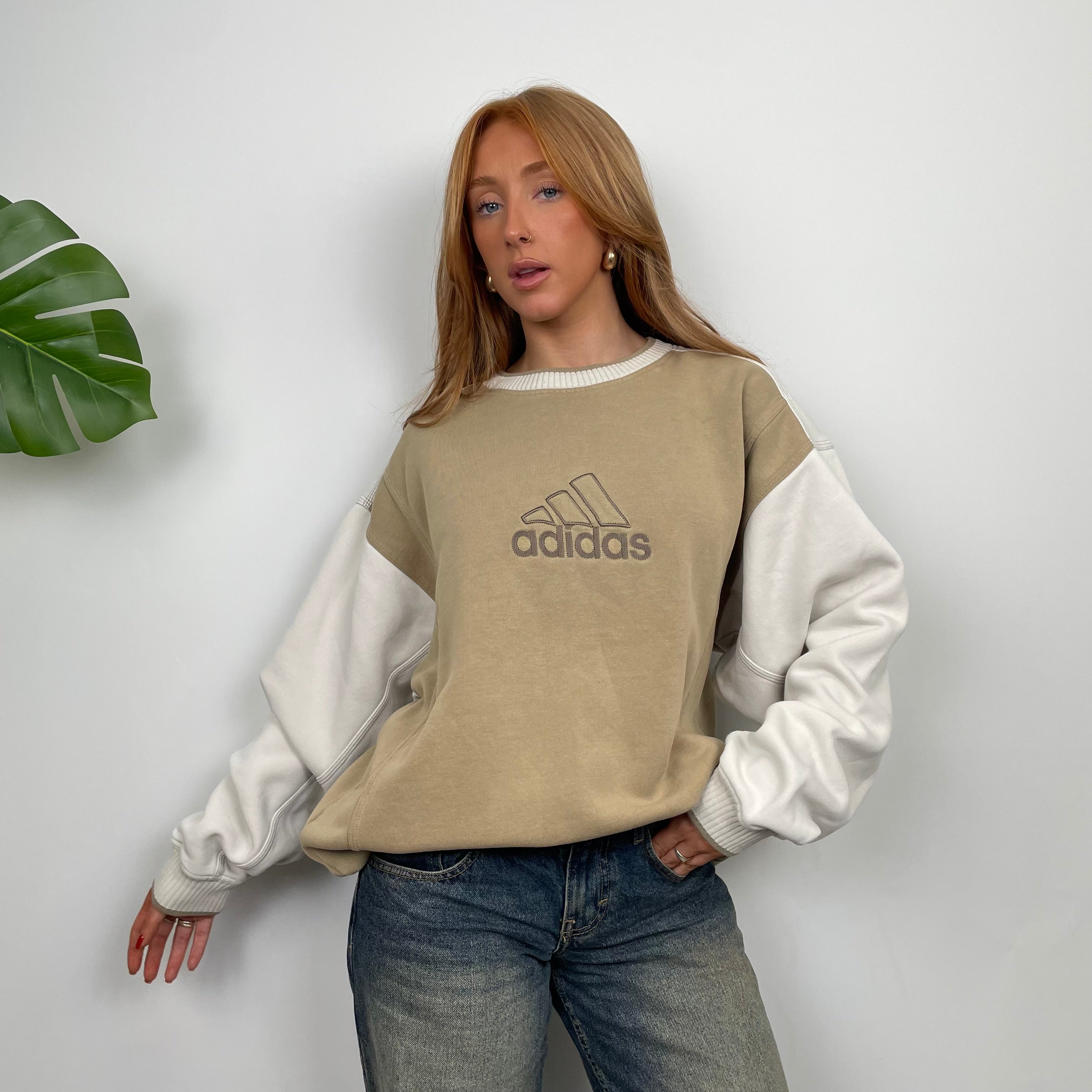 Adidas Cream and Tan Brown Embroidered Spell Out Sweatshirt (M)