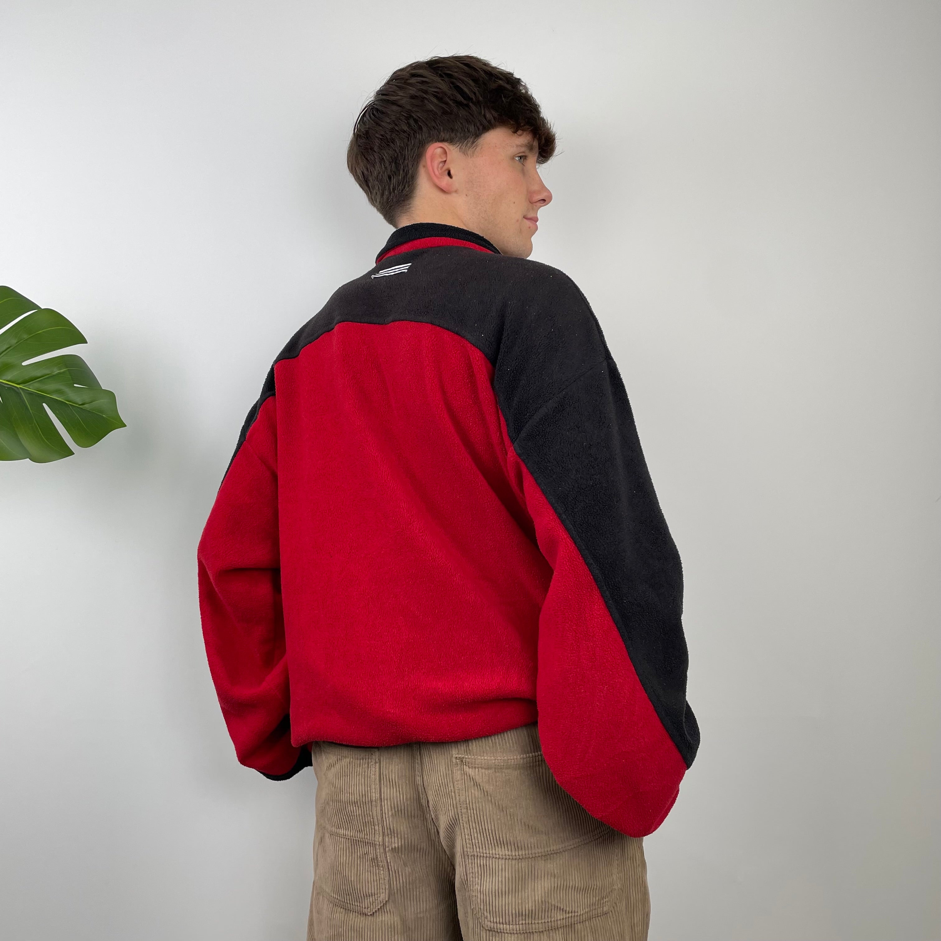 Adidas Red Colour Block Embroidered Spell Out Teddy Bear Fleece Quarter Zip Sweatshirt (L)