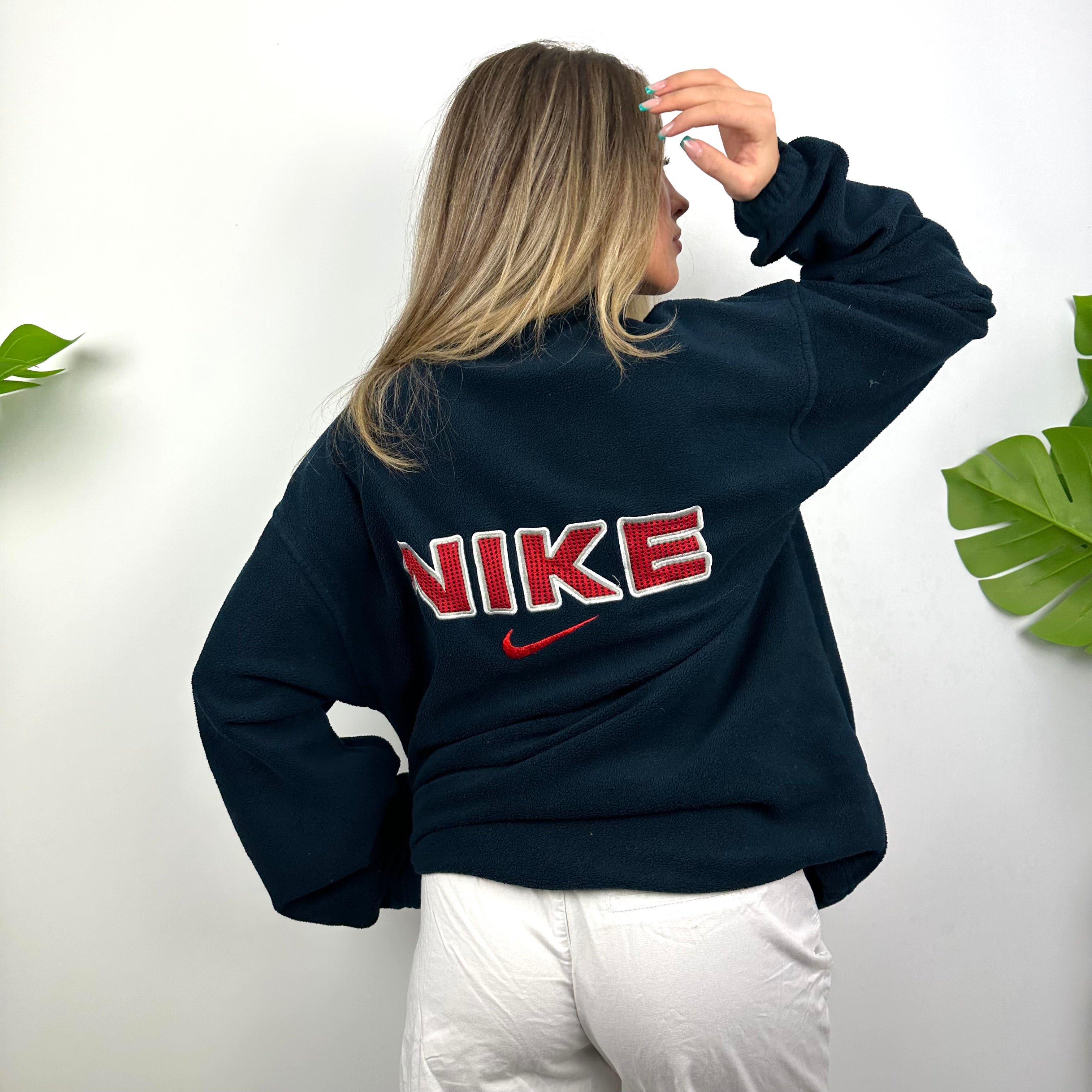 Nike Navy Embroidered Spell Out Teddy Bear Fleece Quarter Zip Sweatshirt (L)