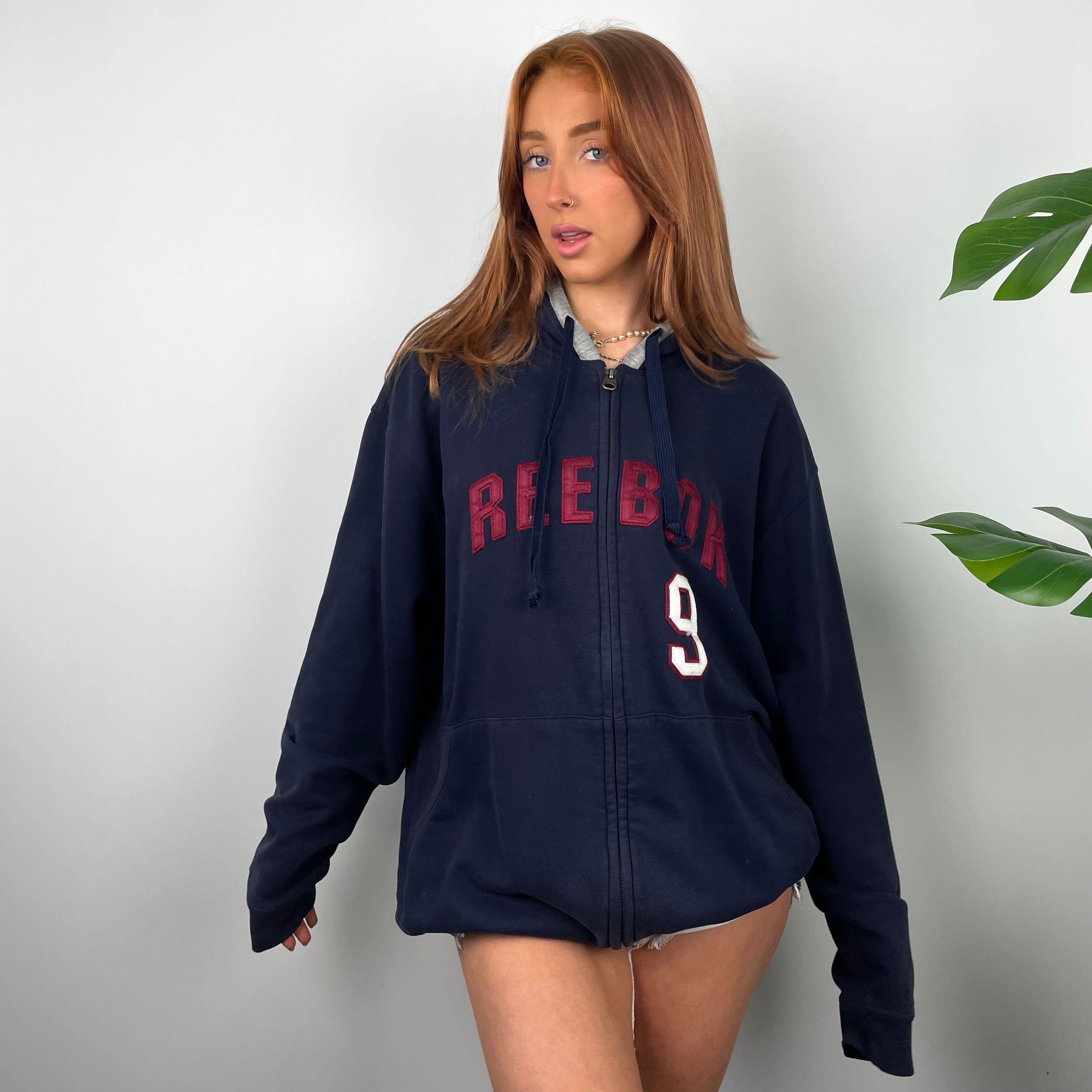 Reebok RARE Navy Embroidered Spell Out Zip Up Hoodie Jacket (L)