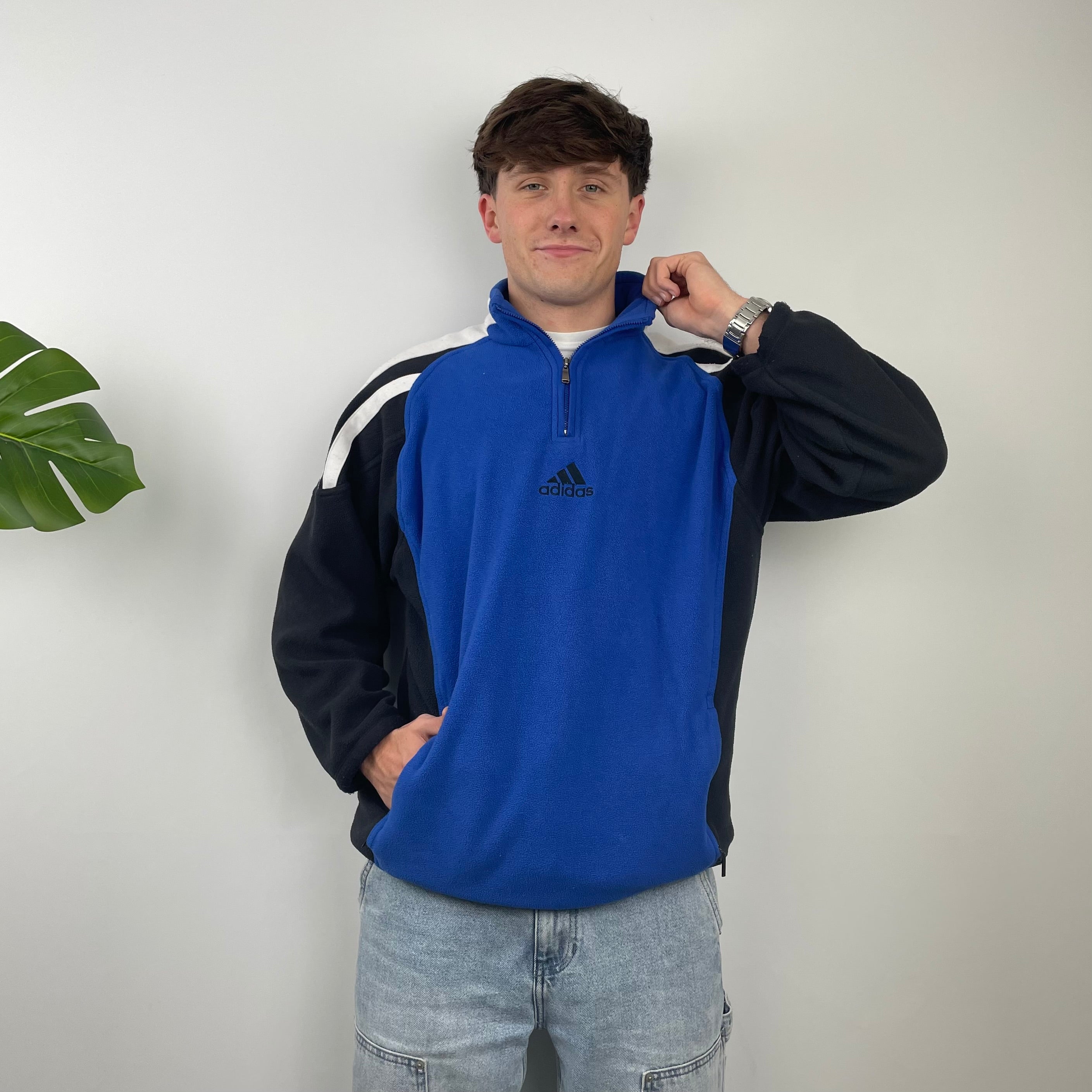Adidas Blue Colour Block Embroidered Spell Out Teddy Bear Fleece Quarter Zip Sweatshirt (L)