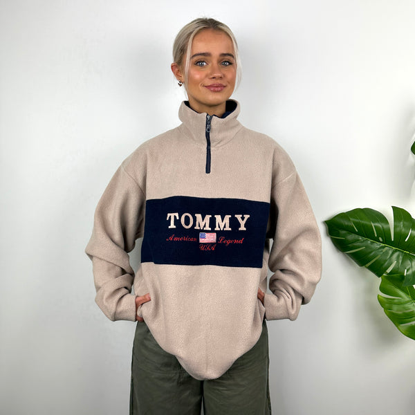 Tommy Hilfiger RARE Tan Brown Embroidered Spell Out Teddy Bear Fleece Quarter Zip Sweatshirt (L)