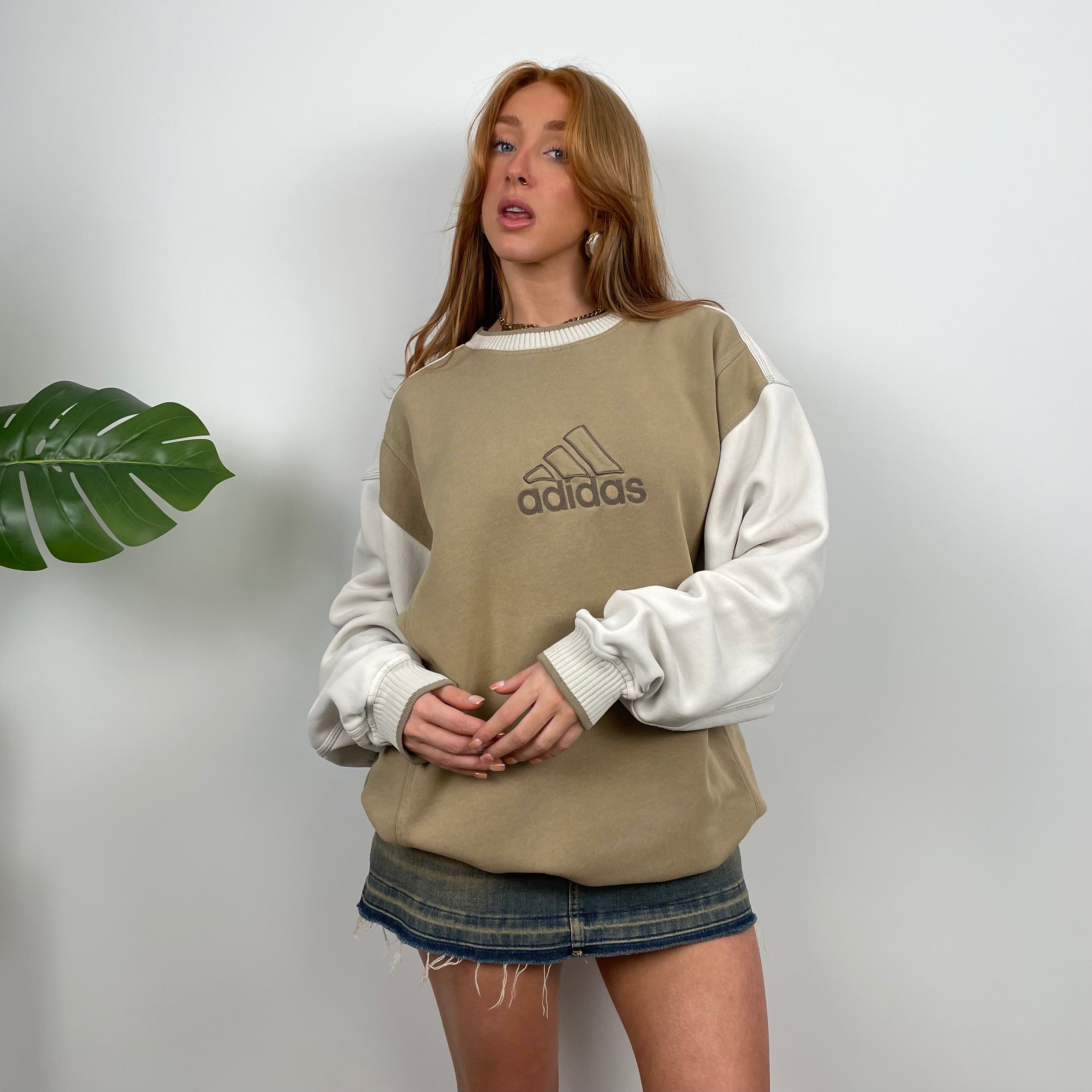 Adidas Cream and Tan Brown Embroidered Spell Out Sweatshirt (M)