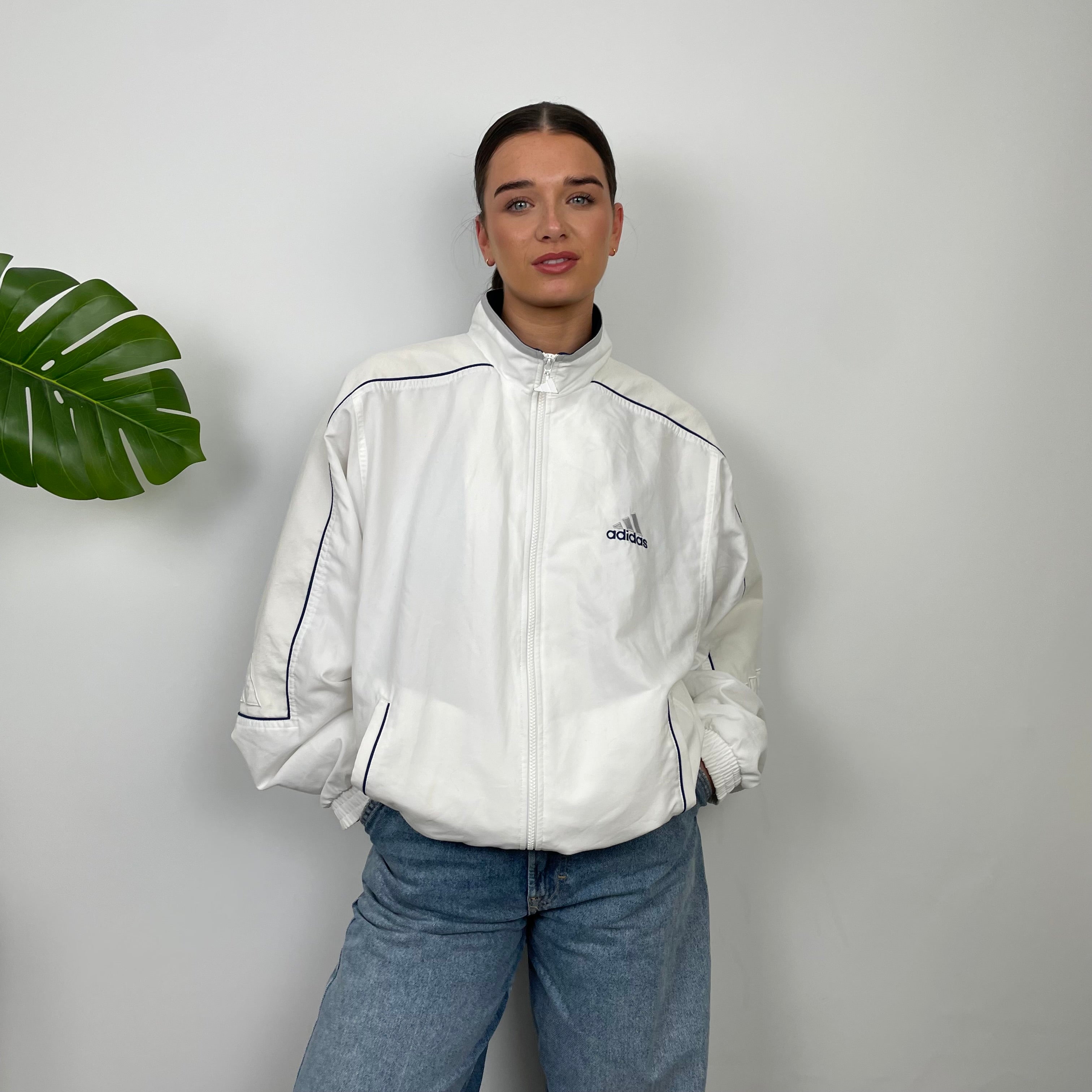 Adidas White Embroidered Spell Out Zip Up Windbreaker Jacket (L)