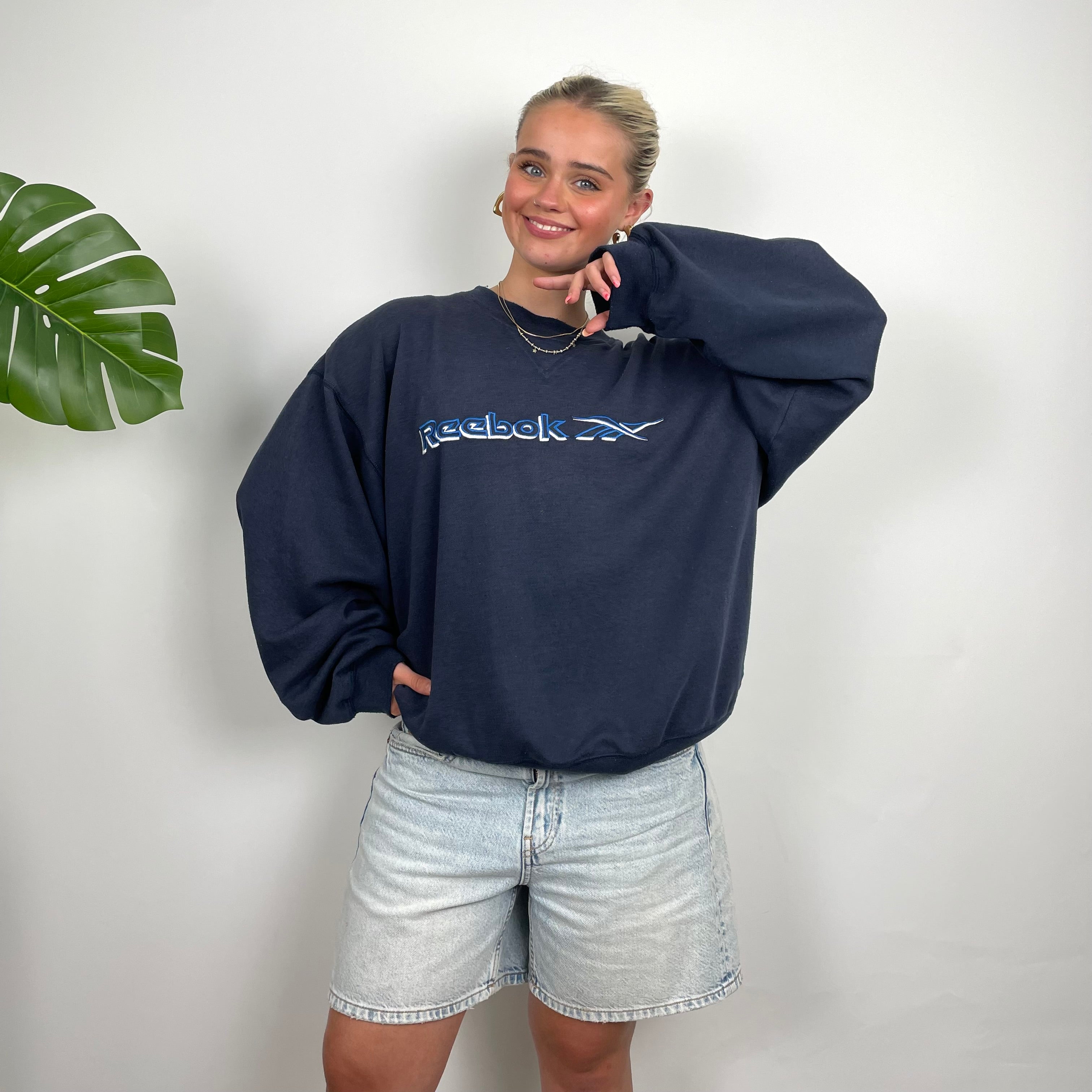 Reebok RARE Navy Embroidered Spell Out Sweatshirt (L)