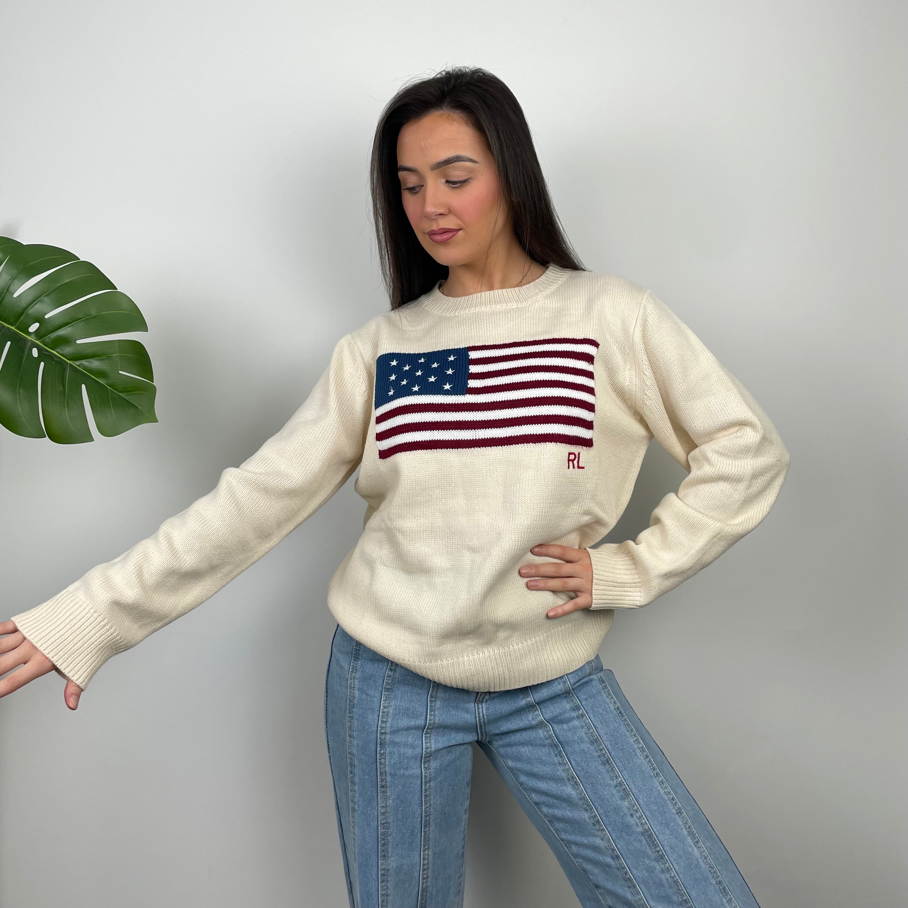 Polo Ralph Lauren Cream Embroidered Spell Out Knitted Sweater (M)