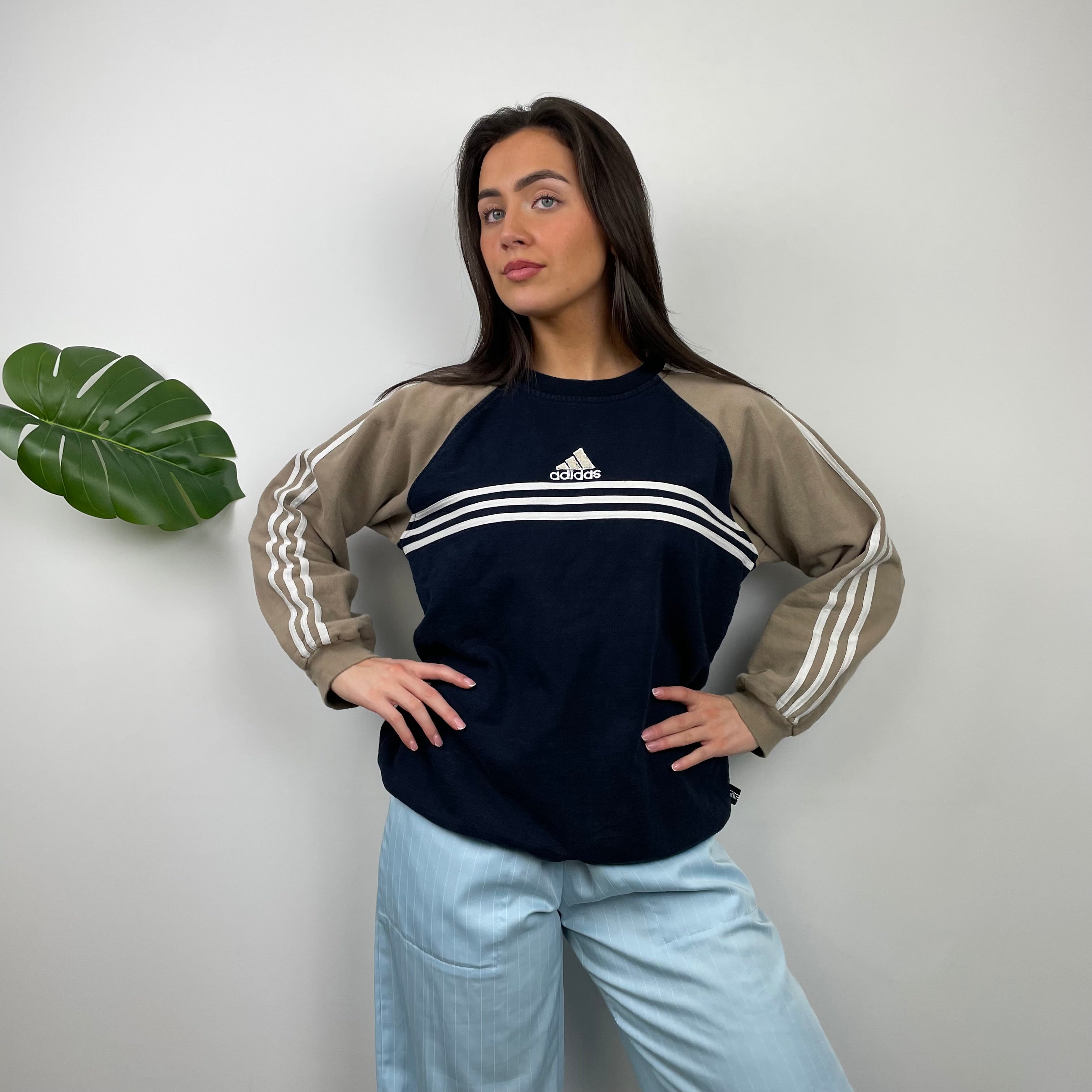 Adidas Tan and Black Embroidered Spell Out Sweatshirt (M)