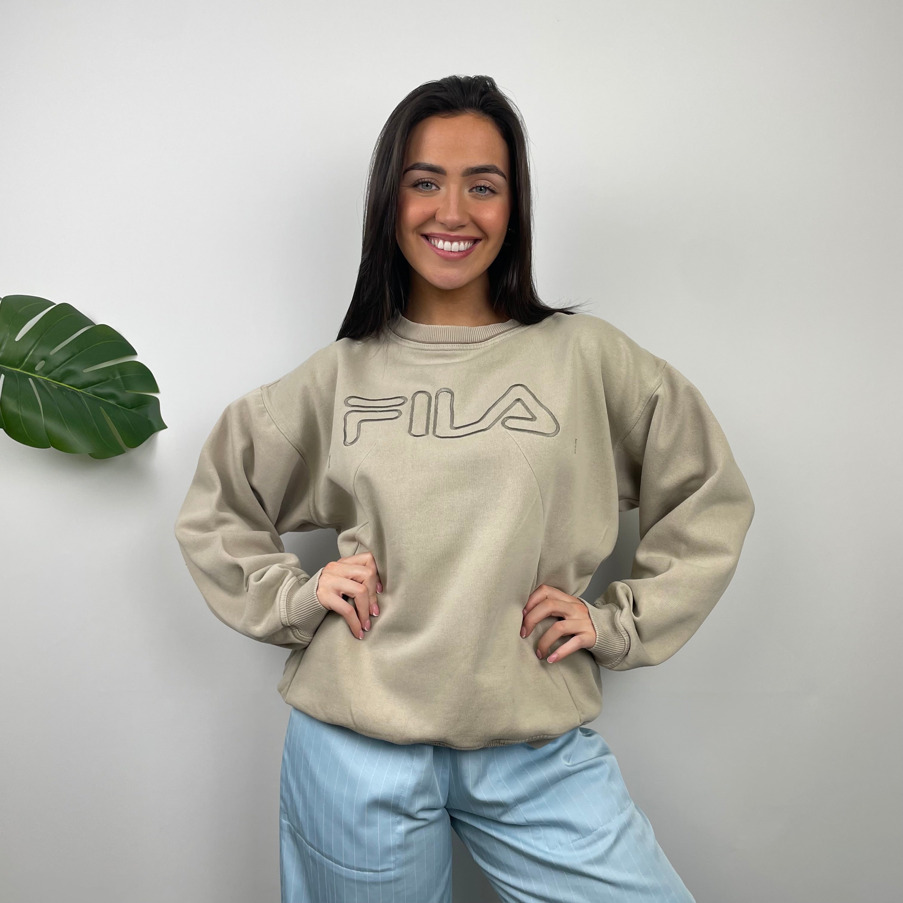 FILA Beige Embroidered Spell Out Sweatshirt (M)