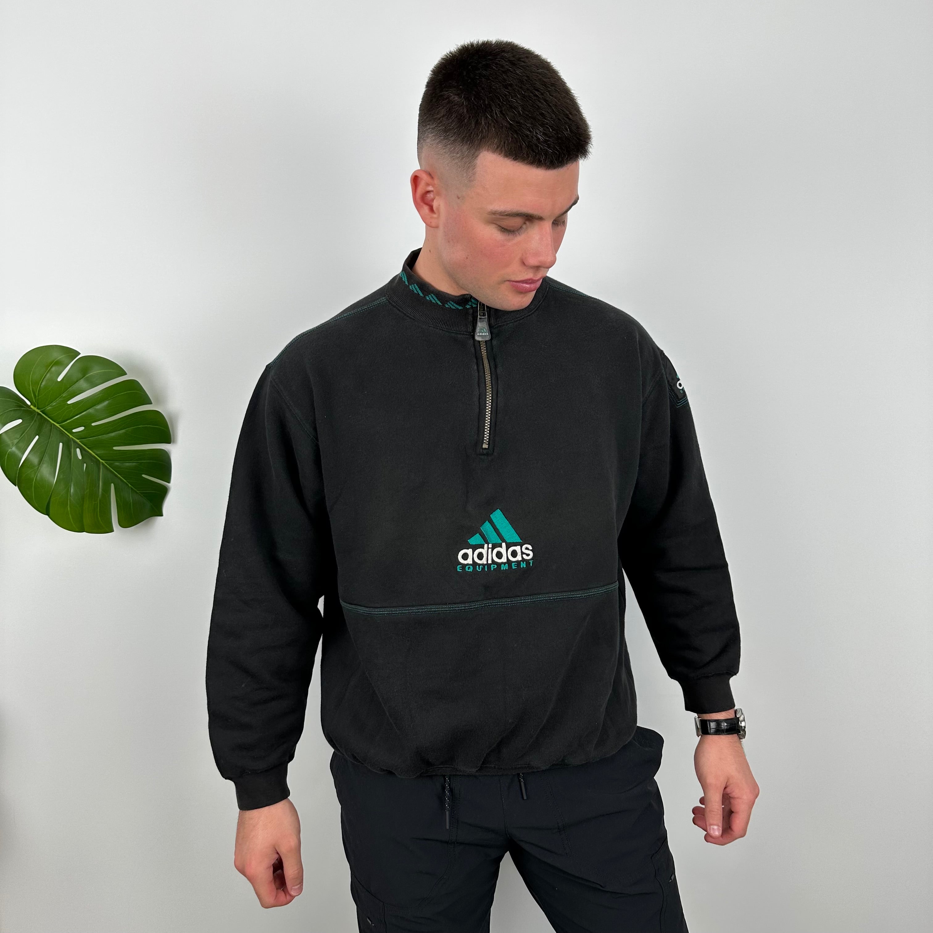 Adidas Equipment RARE Black Embroidered Spell Out Quarter Zip Sweatshirt (M)