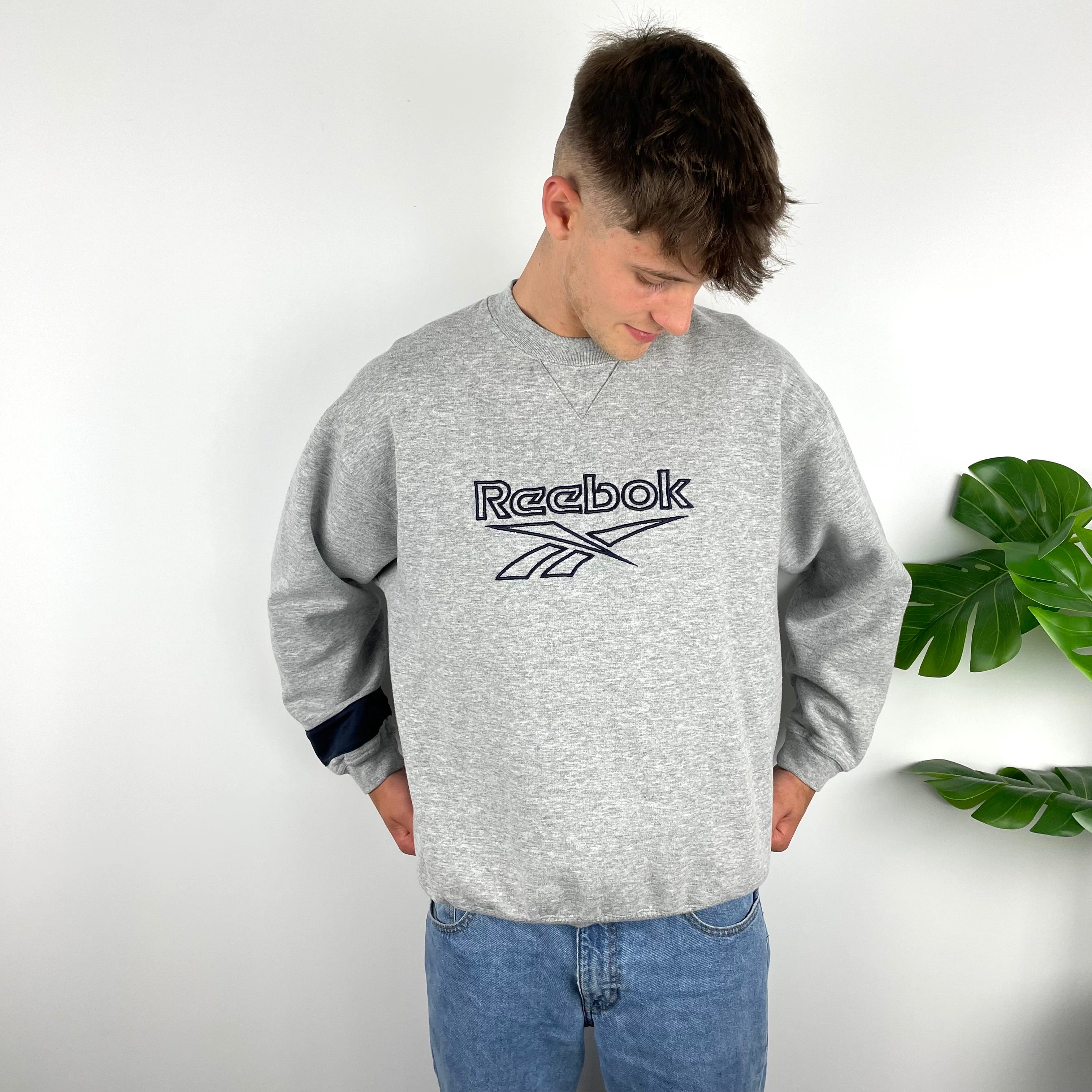 Reebok RARE Grey Embroidered Spell Out Sweatshirt (L)