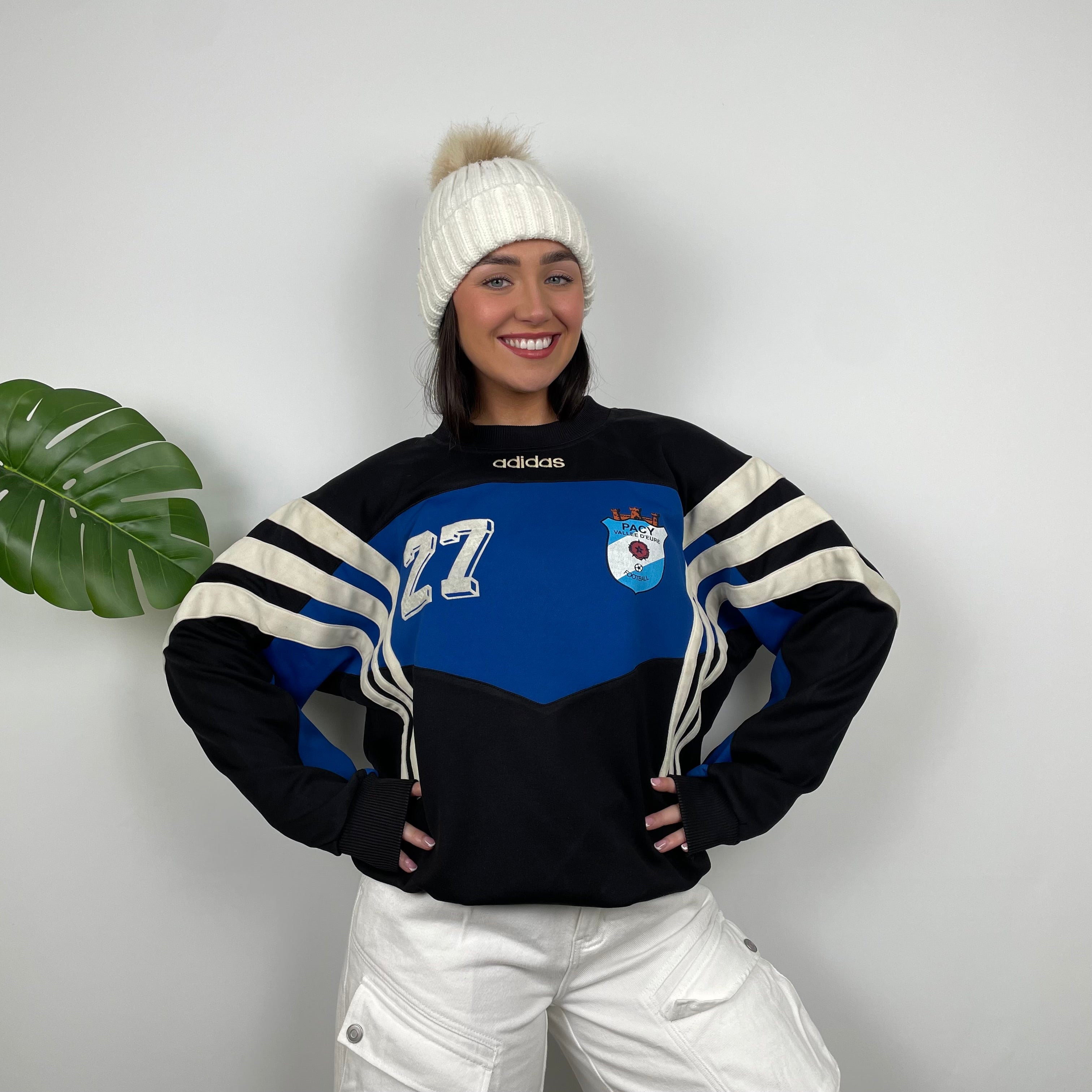 Adidas Black & Blue Embroidered Spell Out Colour Block Sweatshirt (L)