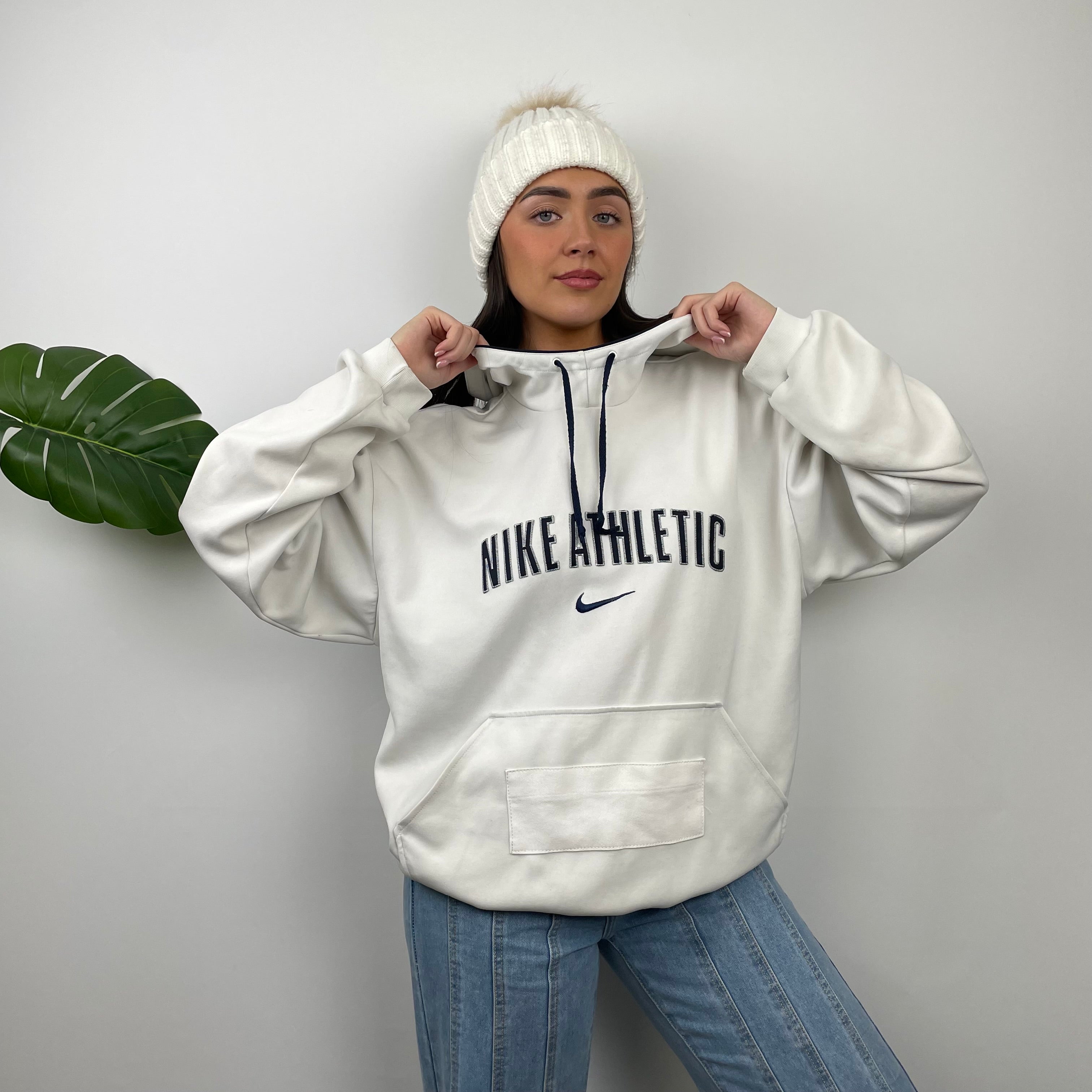 Nike Athletic White Embroidered Spell Out Hoodie (L)