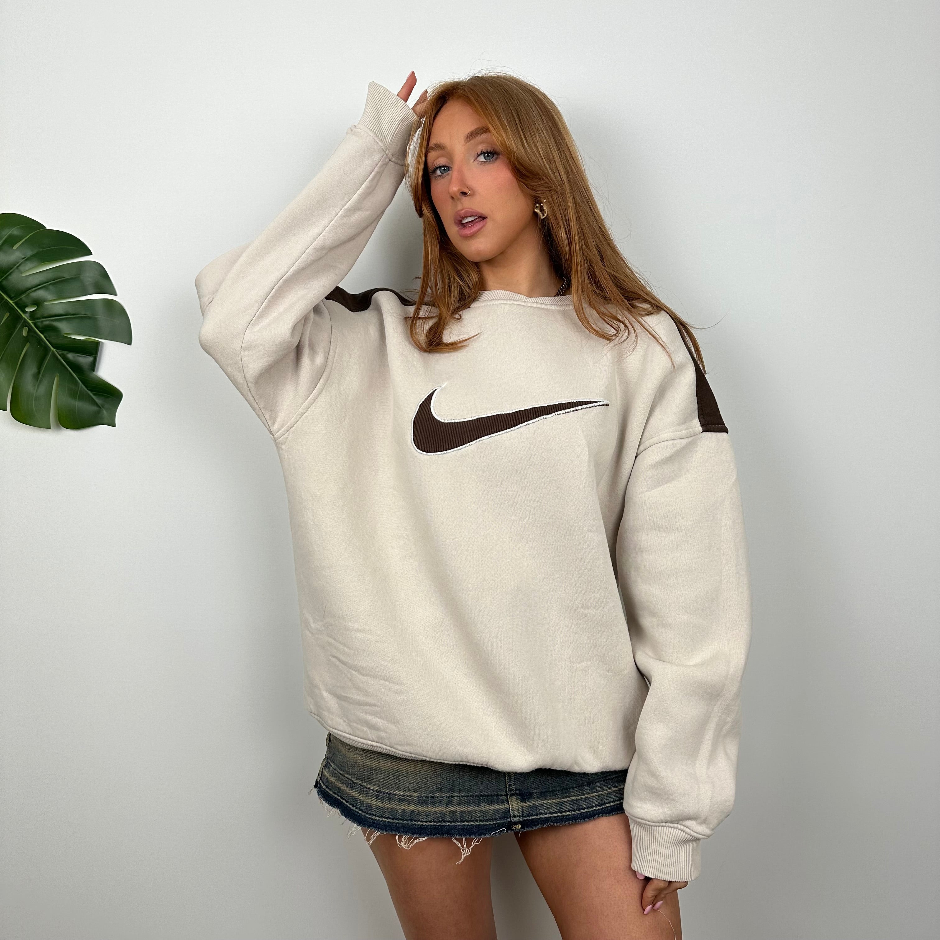 Nike Cream and Brown Embroidered Swoosh Sweatshirt (M)