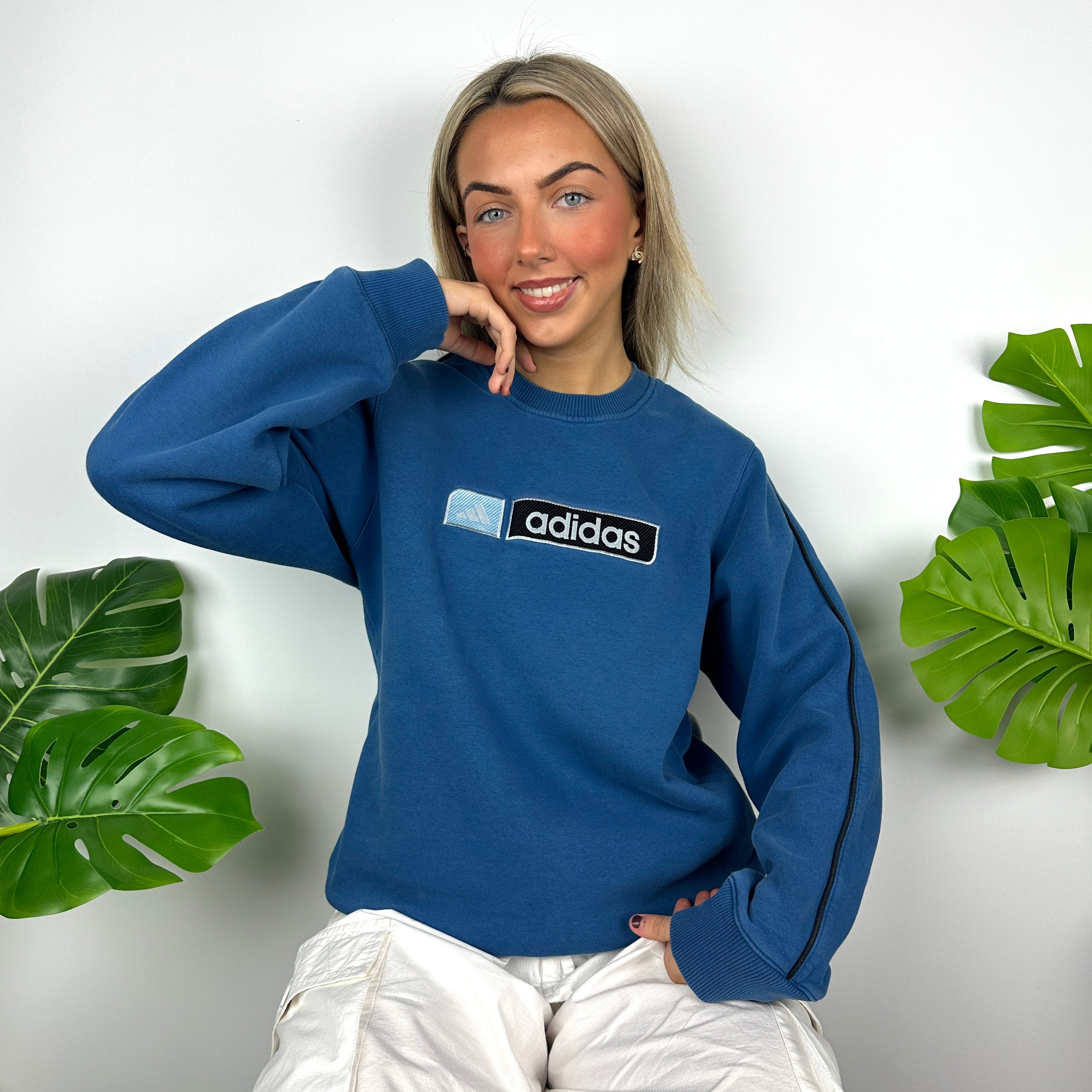 Adidas Blue Embroidered Spell Out Sweatshirt (S)