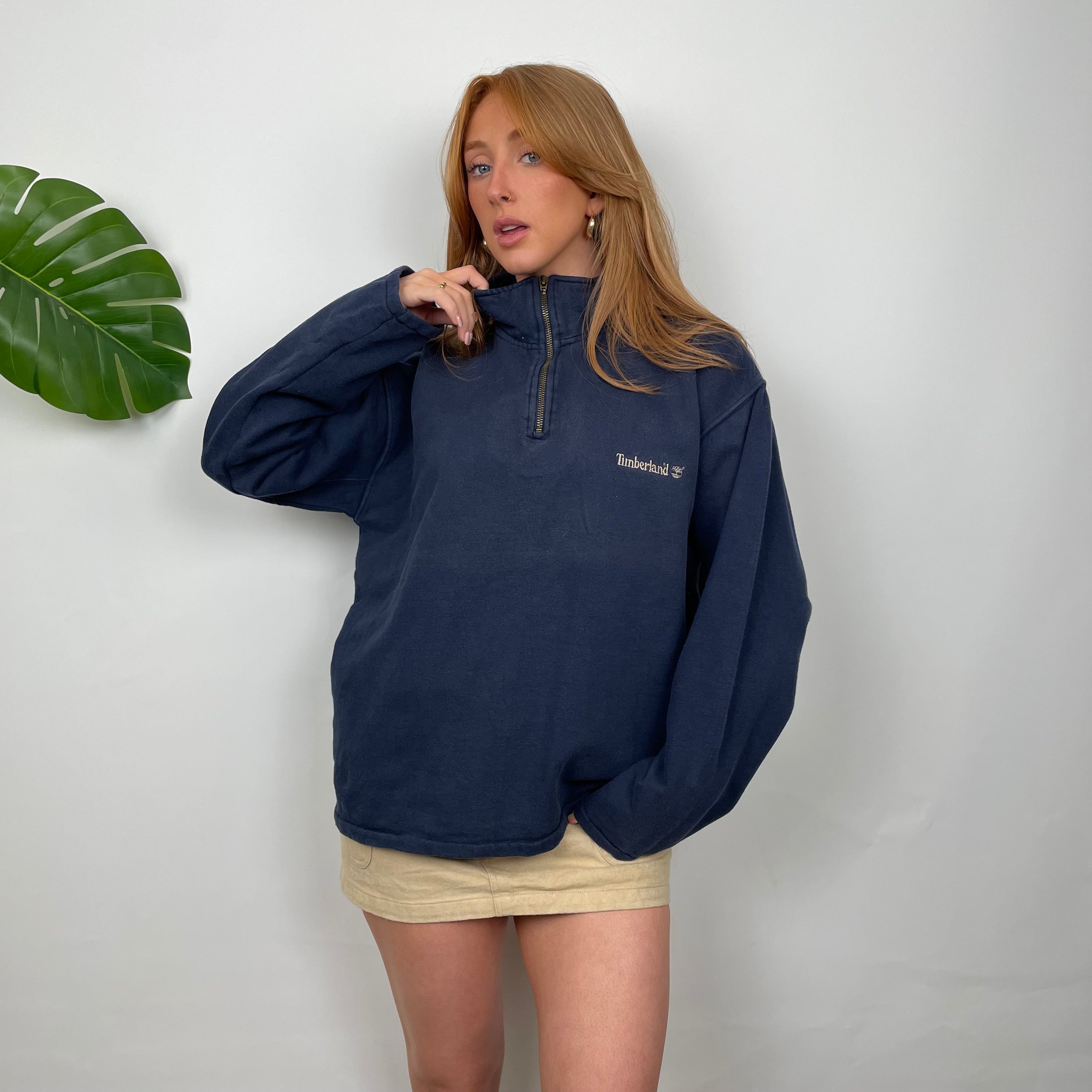 Timberland Navy Embroidered Spell Out Quarter Zip Sweatshirt (S)