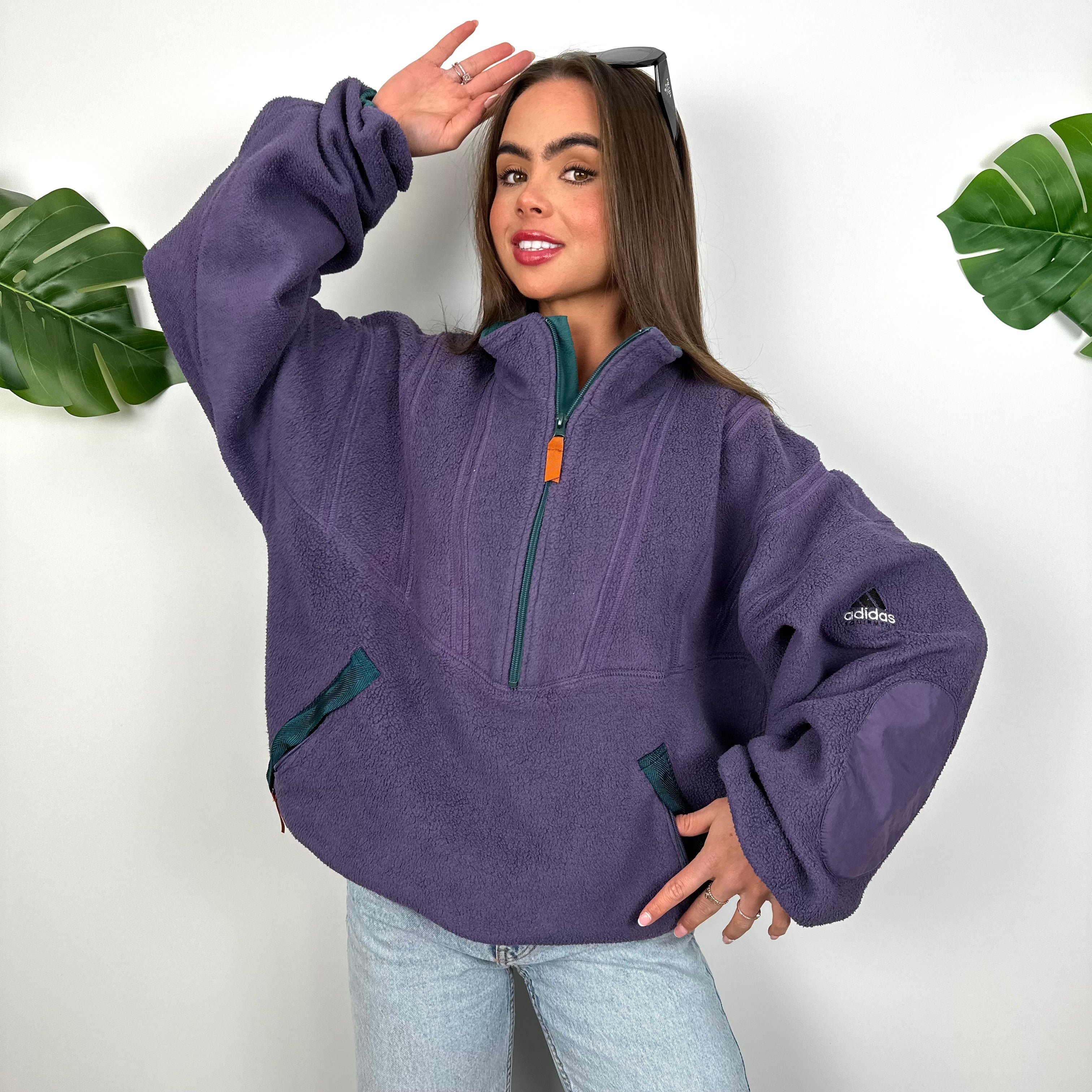 Adidas Equipment Purple Embroidered Spell Out Teddy Bear Fleece Quarter Zip Sweatshirt (L)