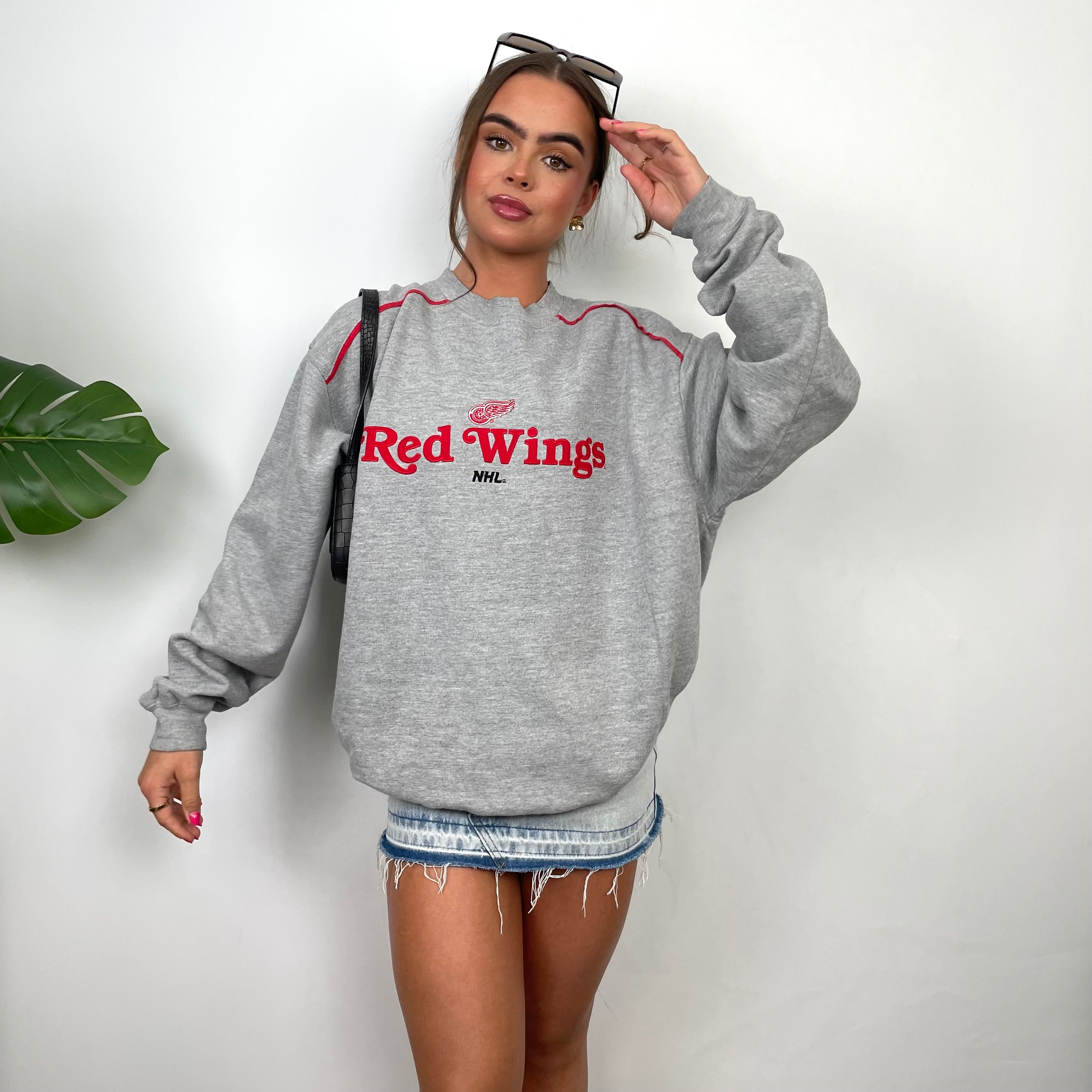 Red Wings NHL Grey Embroidered Spell Out Sweatshirt (L)