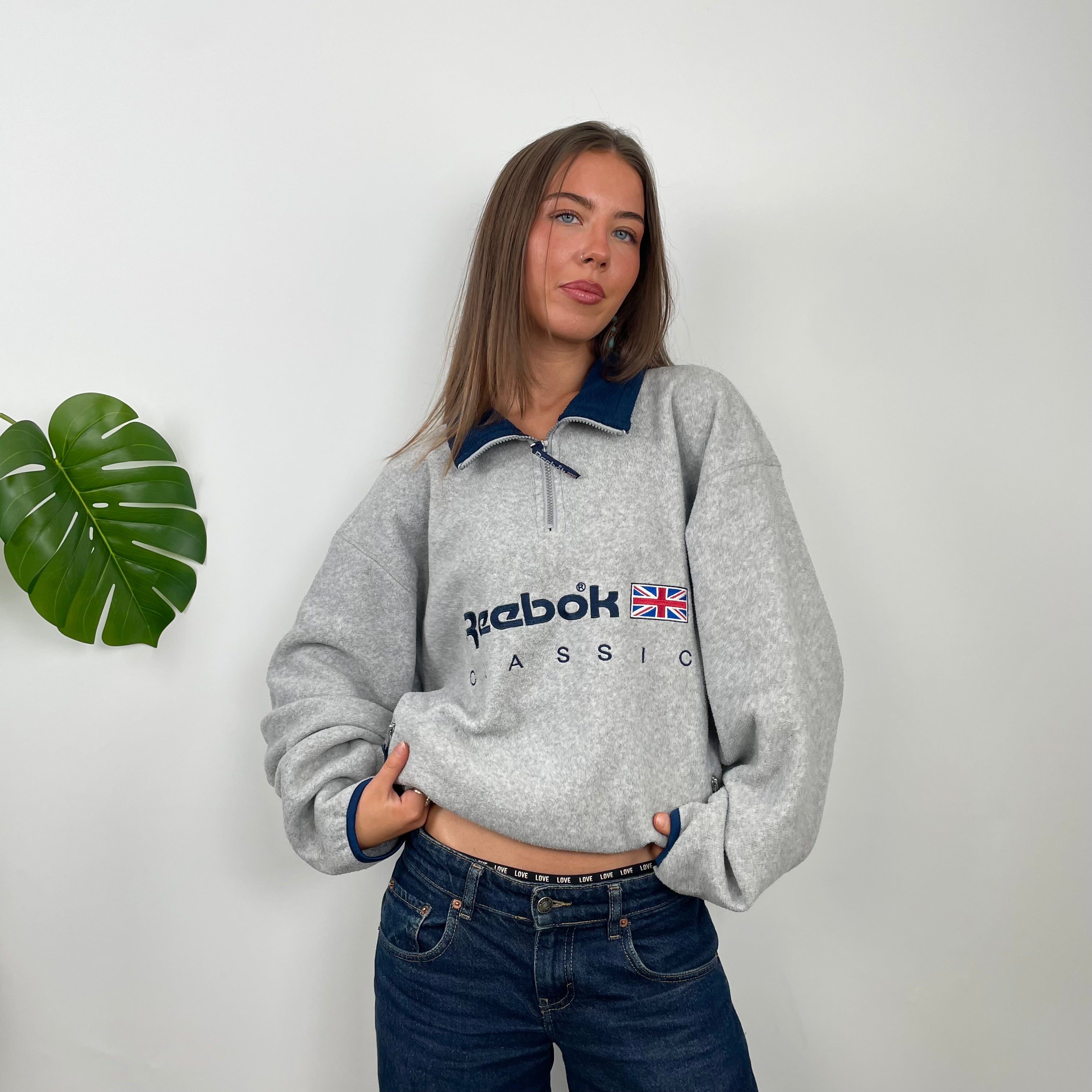 Reebok Classic RARE Grey Embroidered Spell Out Teddy Bear Fleece Quarter Zip Sweatshirt (XL)