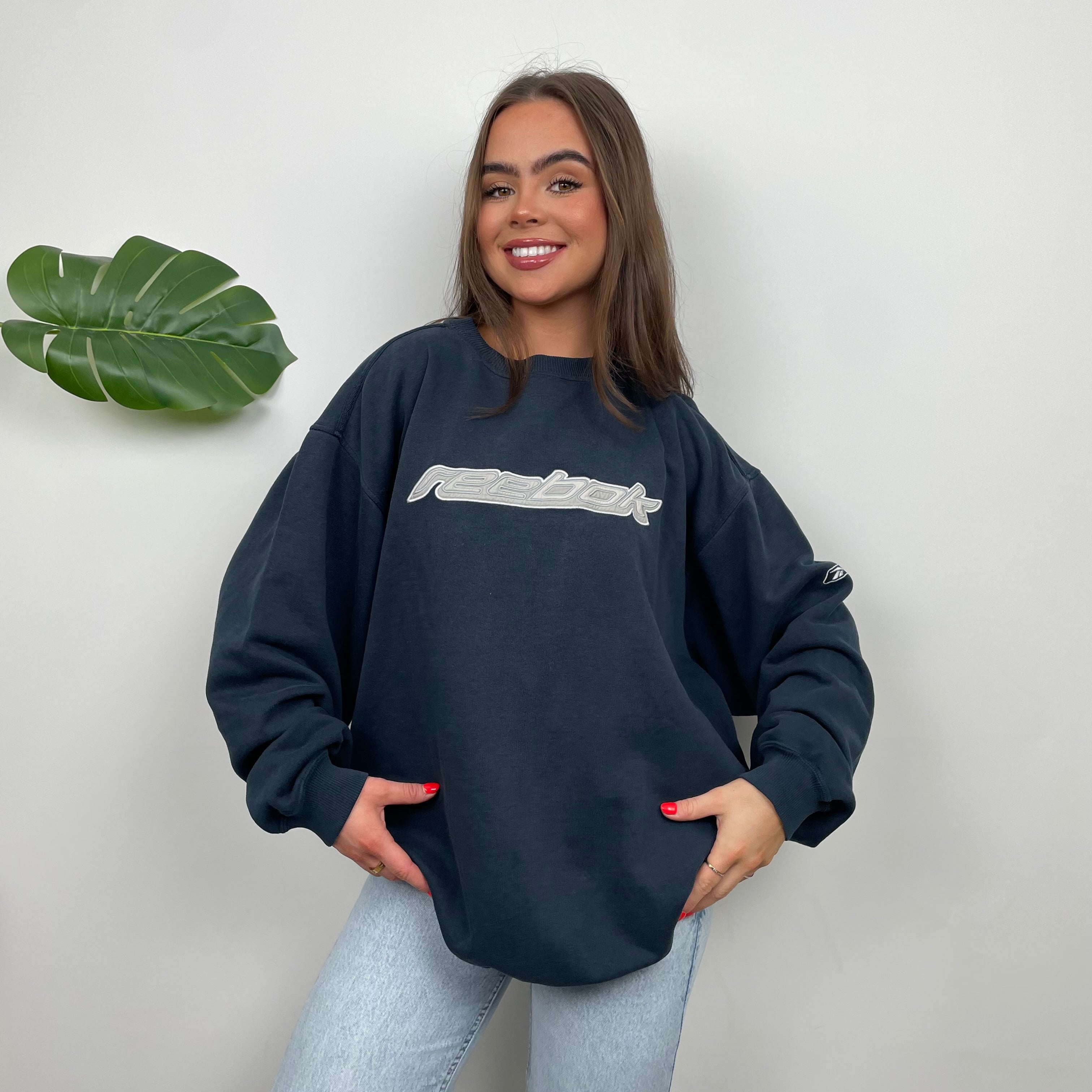 Reebok Navy Embroidered Spell Out Sweatshirt (L)