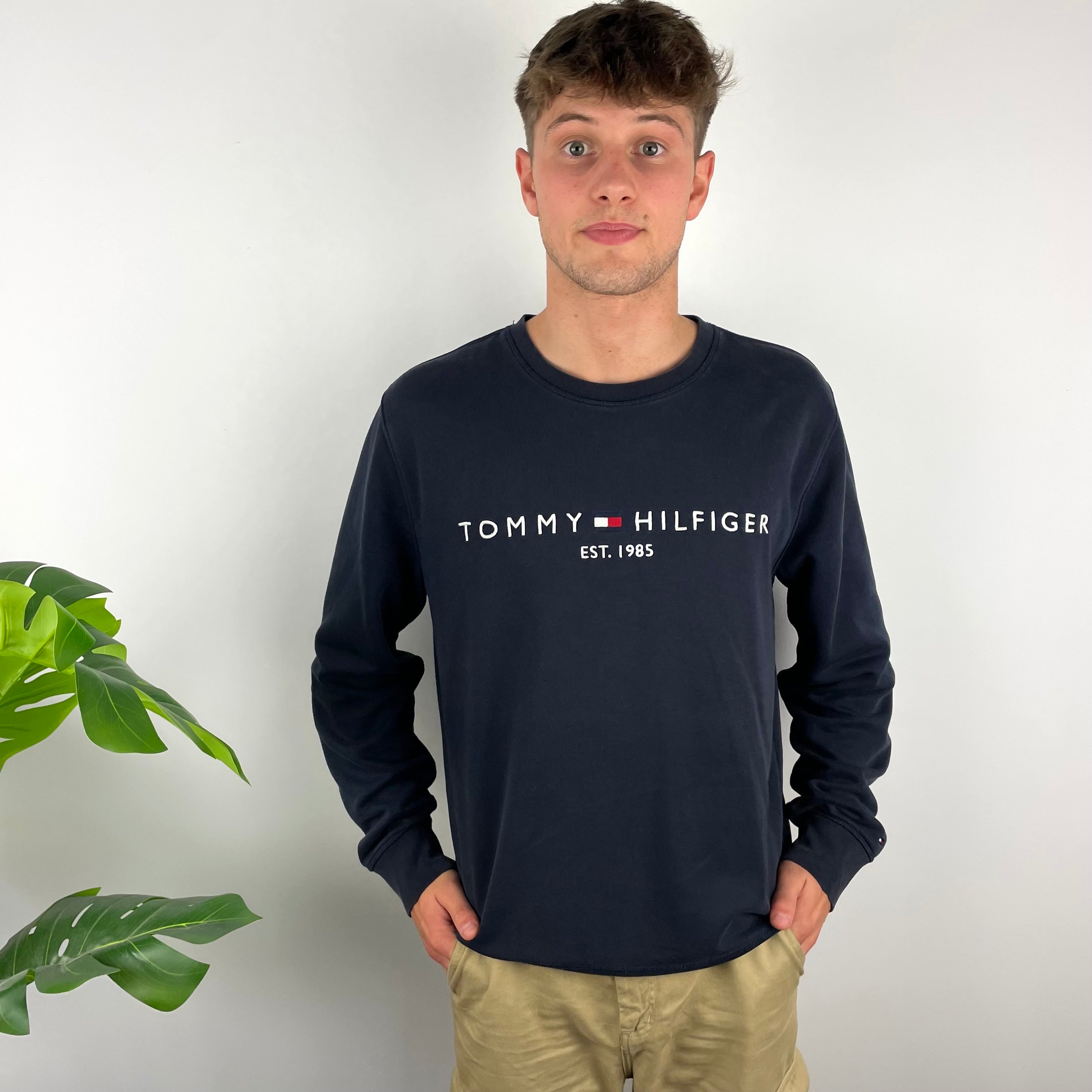 Tommy Hilfiger RARE Navy Embroidered Spell Out Sweatshirt (M)