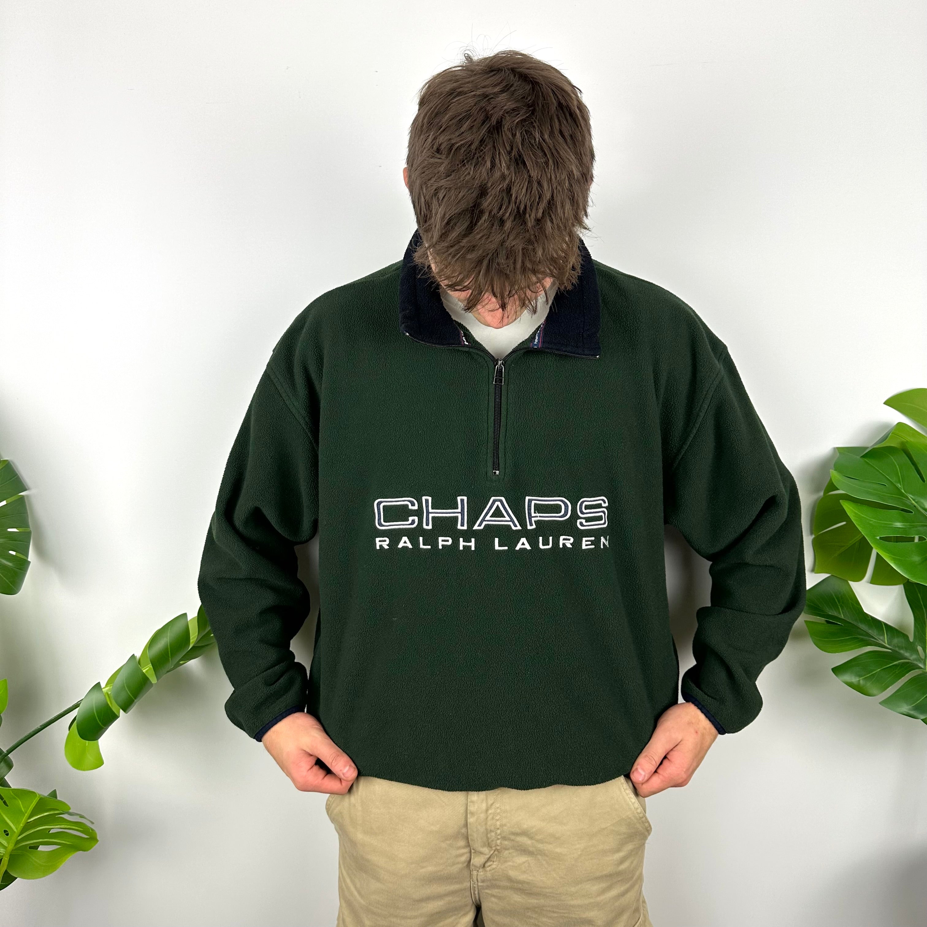 Chaps Ralph Lauren Green Embroidered Spell Out Teddy Bear Fleece Quarter Zip Sweatshirt (M)