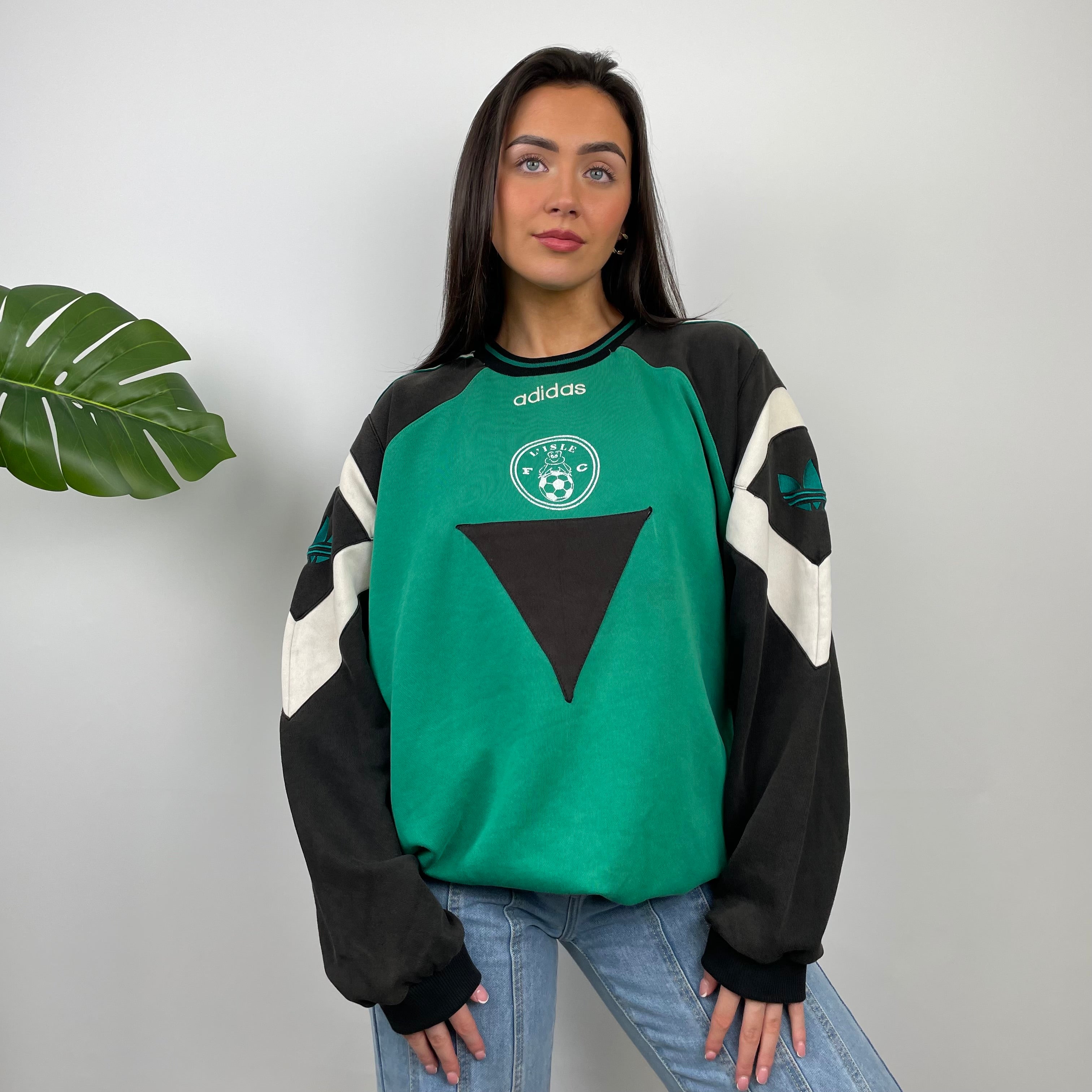 Adidas Black & Green Embroidered Spell Out Colour Block Sweatshirt (XL)